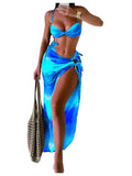 WDIRARA Women's 3 Piece Bikini Set Ombre Twist Ruched Swimsuit with Split Beach Skirt Blue Small