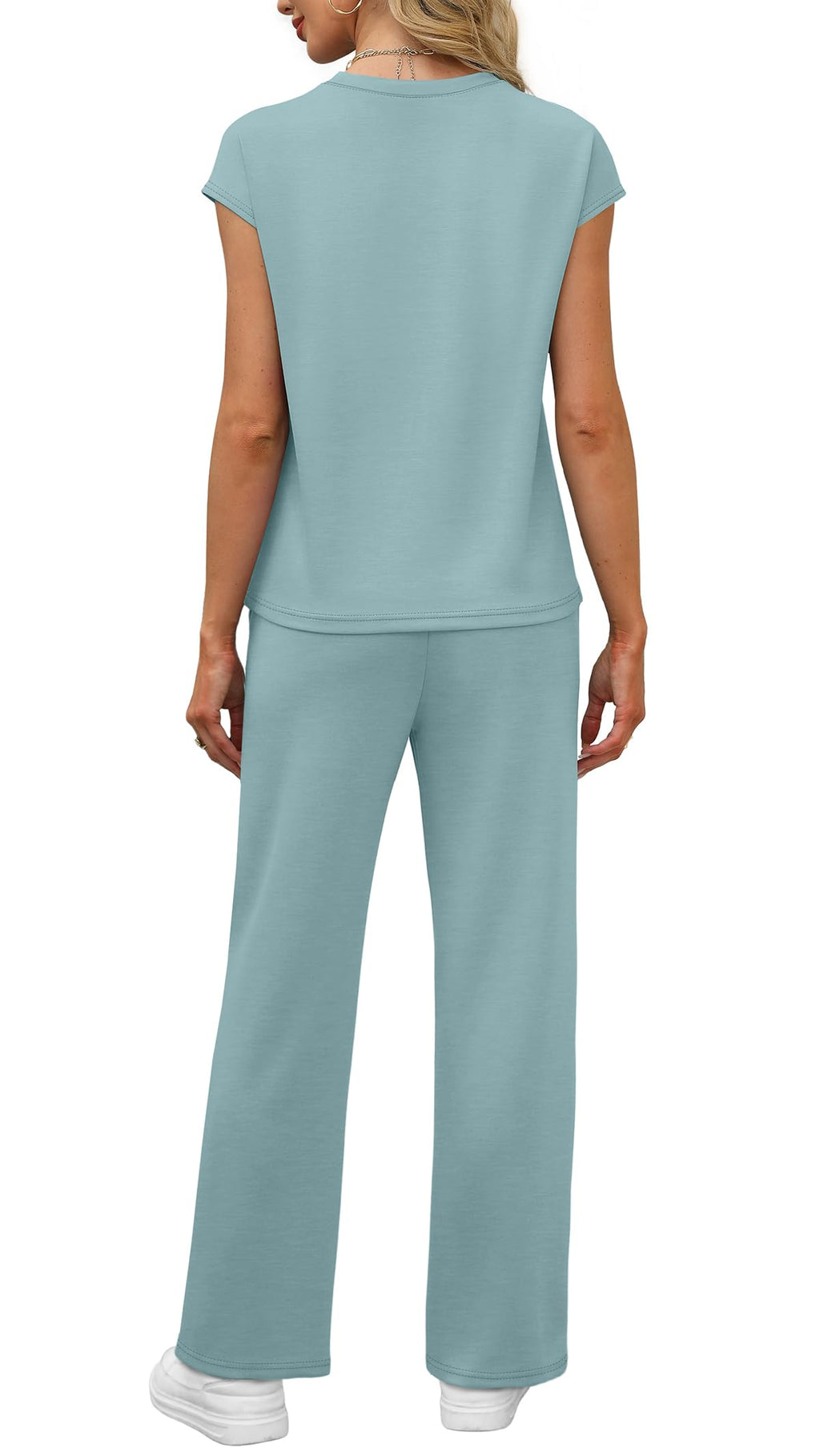 WIHOLL Summer Vacation Outfits for Women 2 Piece Sets Short Sleeve Lounge Set Womens Loungewear Travel Airport Outfits High Waist Wide Leg Pants Comfy Sets for Women Clothing Lake Blue S