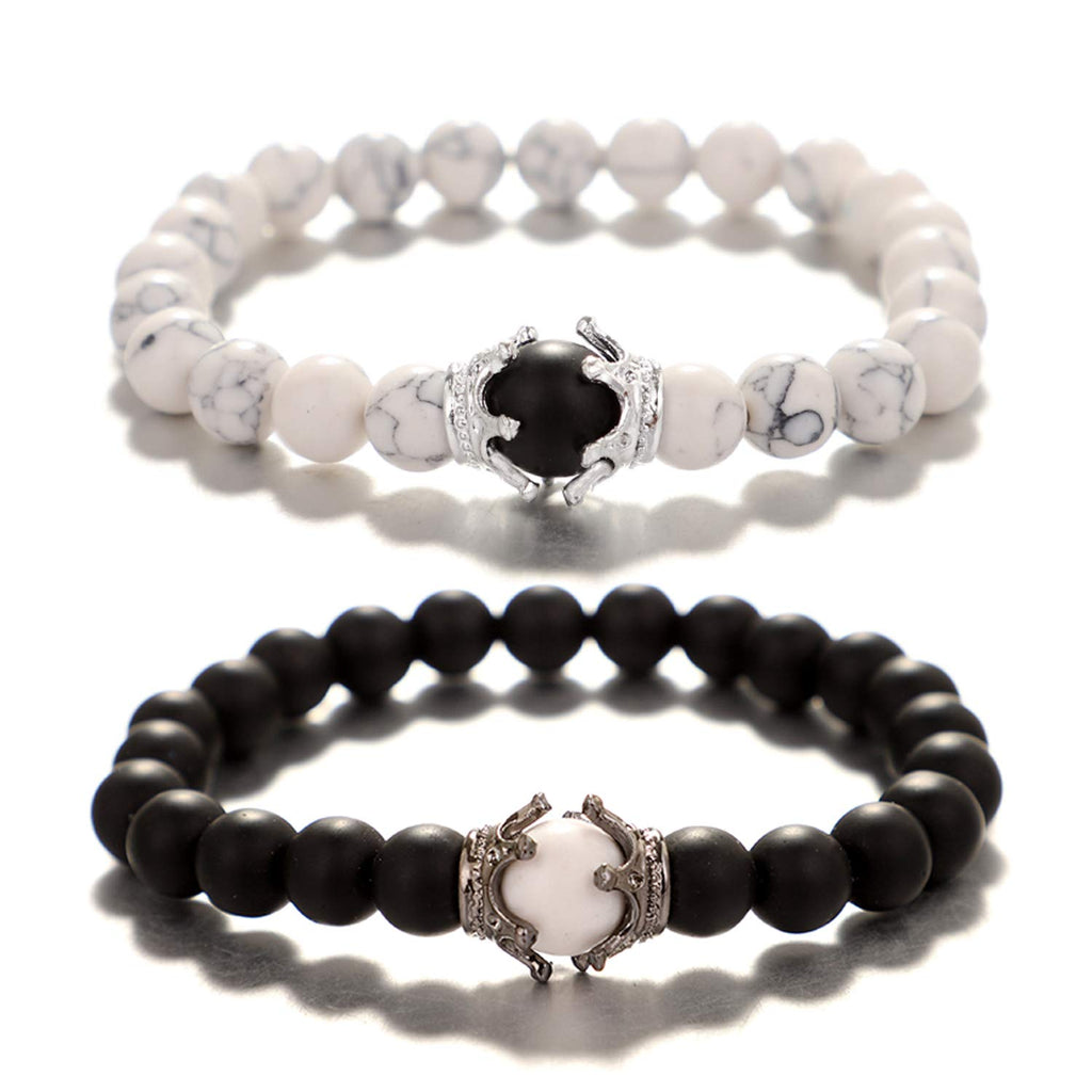 UEUC King&Queen Crown Distance Couple Bracelets His Hers Black Matte Agate 8mm Beads Bracelet