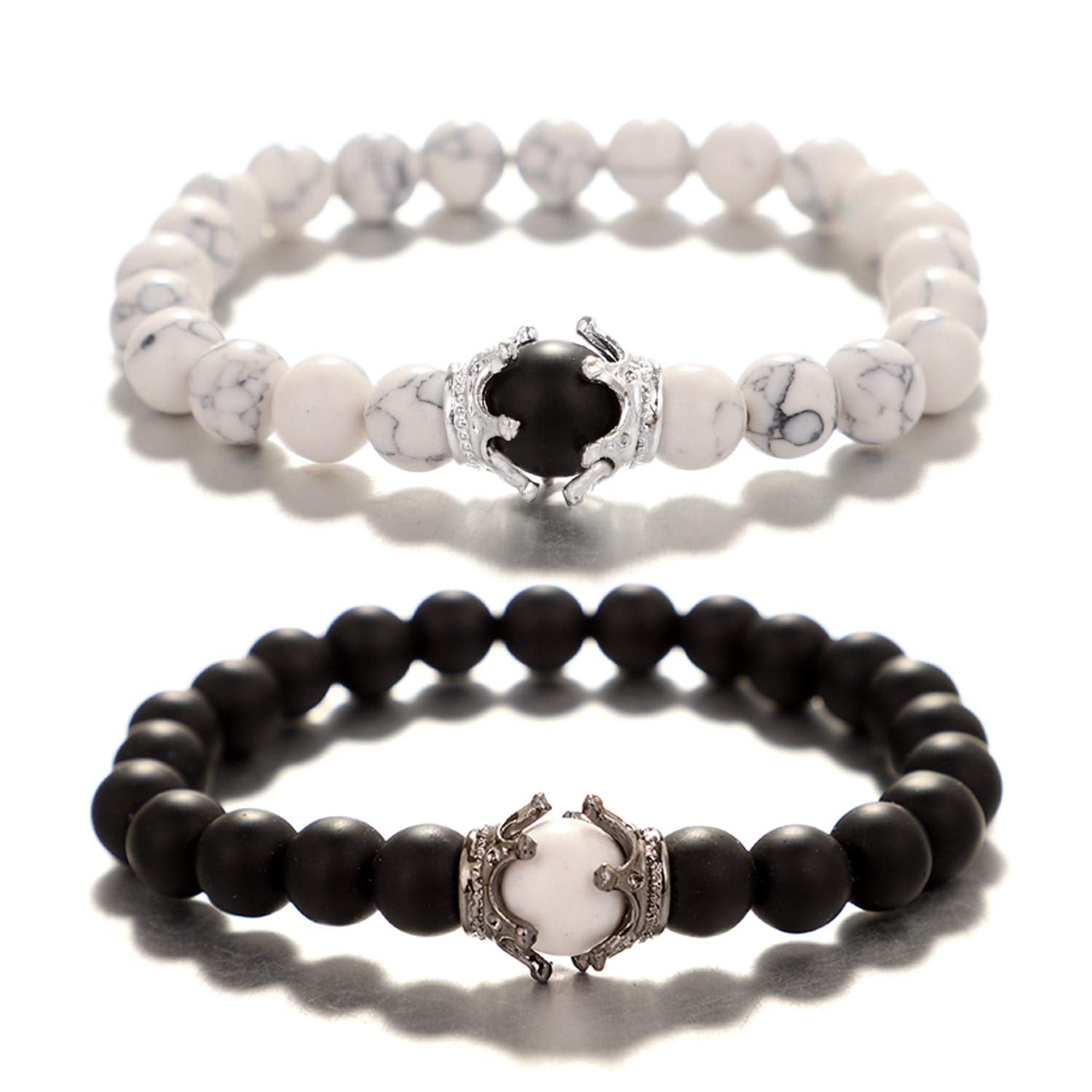 UEUC King&Queen Crown Distance Couple Bracelets His Hers Black Matte Agate 8mm Beads Bracelet