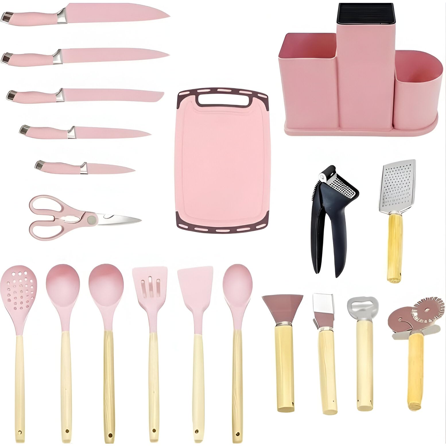 DANFFI 20-Piece Pink Kitchen Utensil Set – Silicone Cooking Tools with Wooden Handles, Knife & Scissor Set, Cutting Board, Grater & More – Non-Stick, BPA-Free Kitchen Gift Set