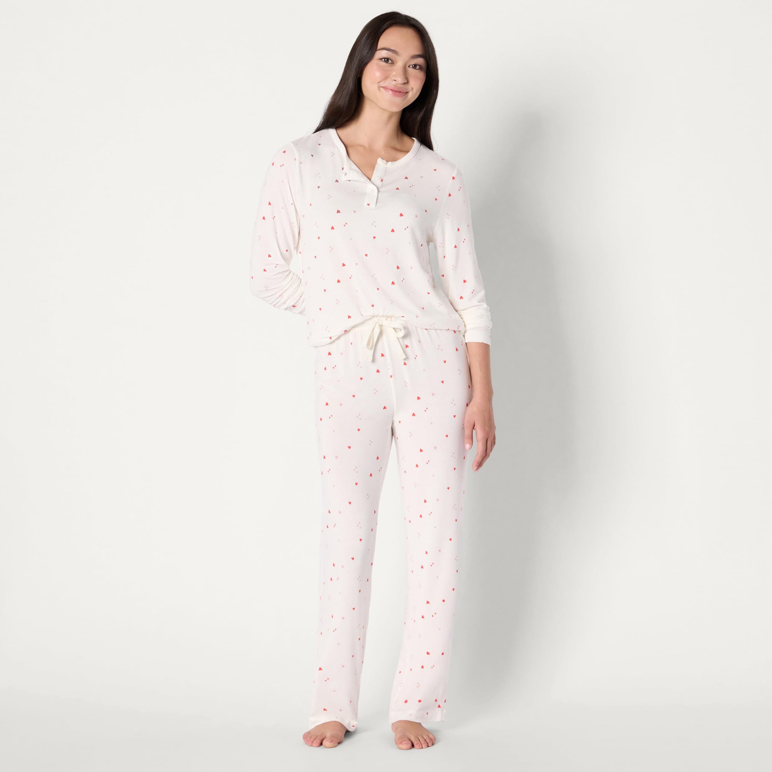 Amazon Essentials x Sofia Grainge Women's Long Sleeve Henley Pajama Set, Ivory Multi Hearts, Medium