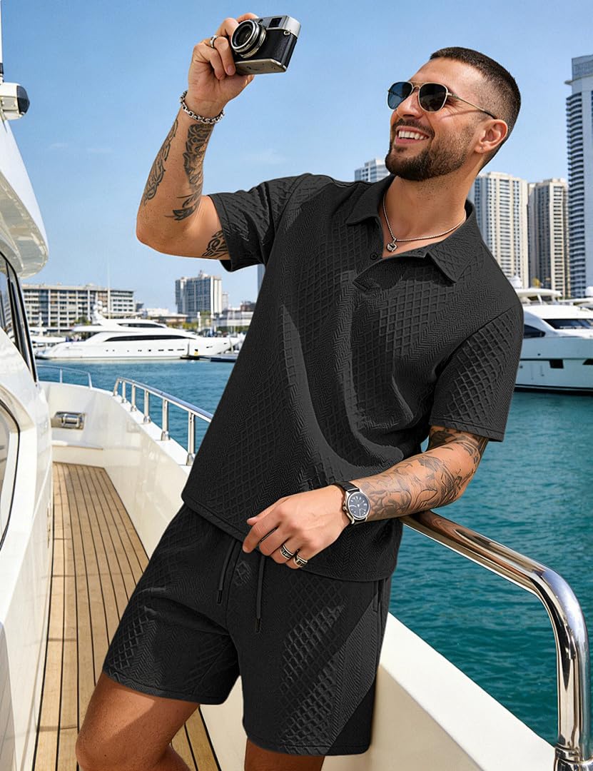 LINENNMAIN Men's 2 Pieces Outfits Casual Polo Shirt and Shorts Set Collar Athletic Jogging Summer Tracksuit
