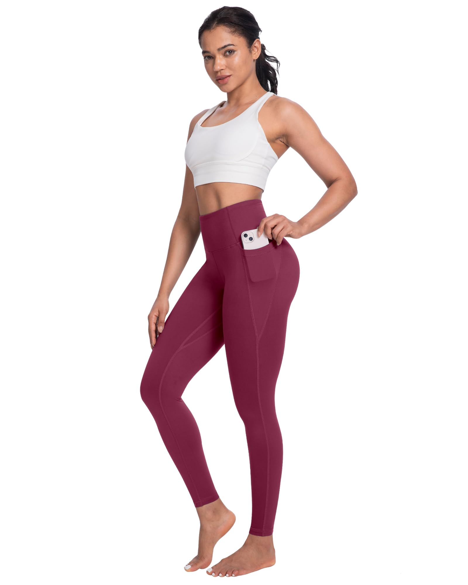 4 Packs Yoga Leggings with Pockets for Women, Soft High Waisted Tummy Control Workout Pants(Black/Dark Gray/Burgundy/Navy,M)