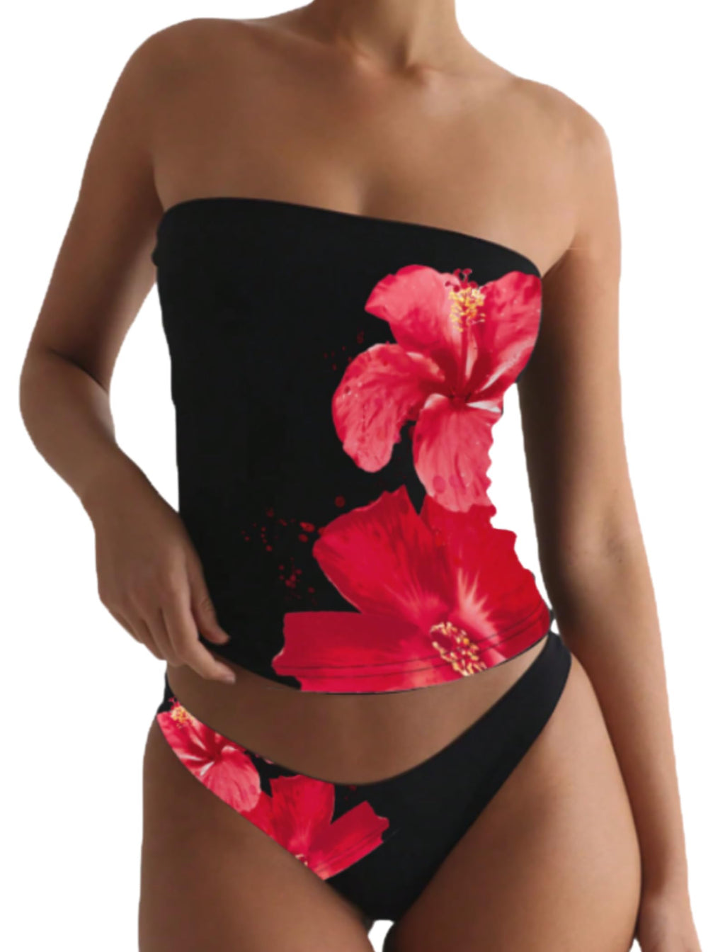 ZAFUL Women's Floral Tankini Swimsuits Bandeau Tummy Control High Cut Tankini Set Two Piece Bathing Suit(1-Red Flower, M)