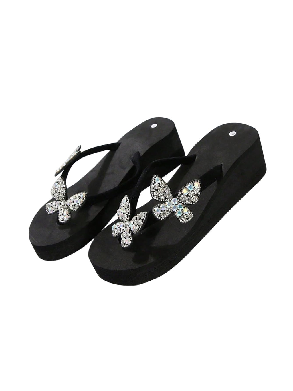 WDIRARA Women's Sparkly Rhinestone Platform Flip Flops Thong Sandals Flower Slip on Wedge Sandals Black Butterfly 8.5