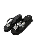 WDIRARA Women's Sparkly Rhinestone Platform Flip Flops Thong Sandals Flower Slip on Wedge Sandals Black Butterfly 8.5