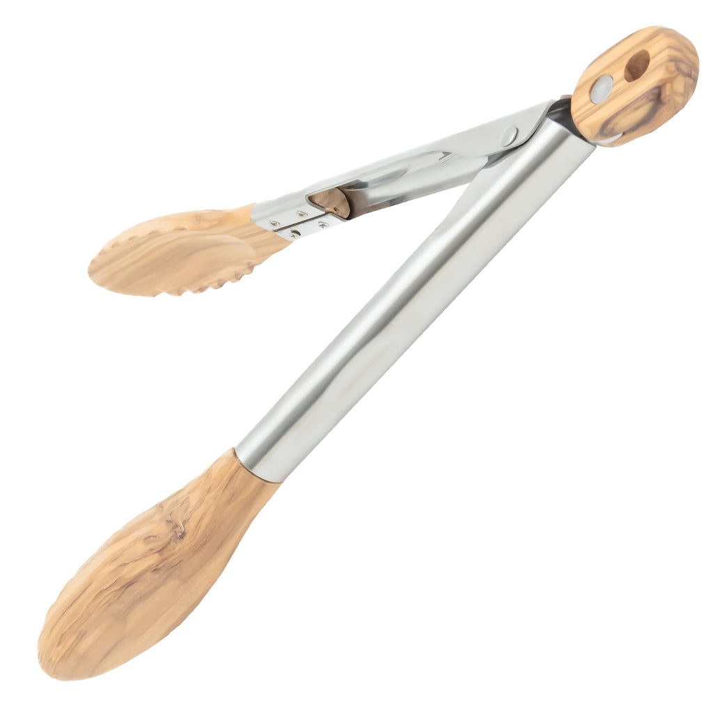 Boxiki Kitchen Tongs for Cooking with Wooden Tips - Wooden Tongs Ideal for BBQ, Salad, Toaster, Bread & Pickles - Made of Natural Olive Wood, Size 12 Inch