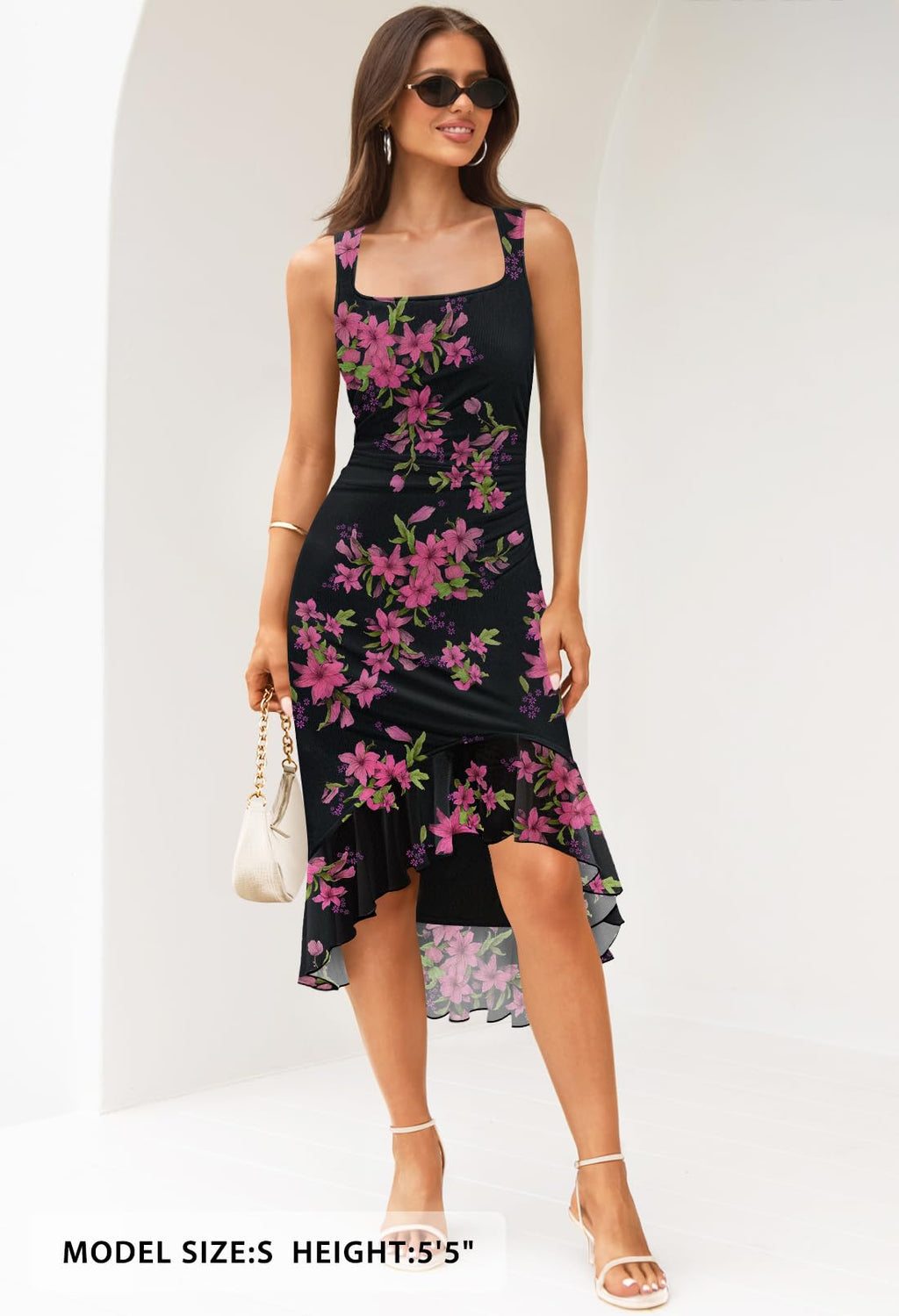 MEROKEETY Women's 2026 Summer Floral Bodycon Dress Square Neck Sleeveless Ruffle Cocktail Mesh Beach Vacation Midi Dresses, Black, Medium
