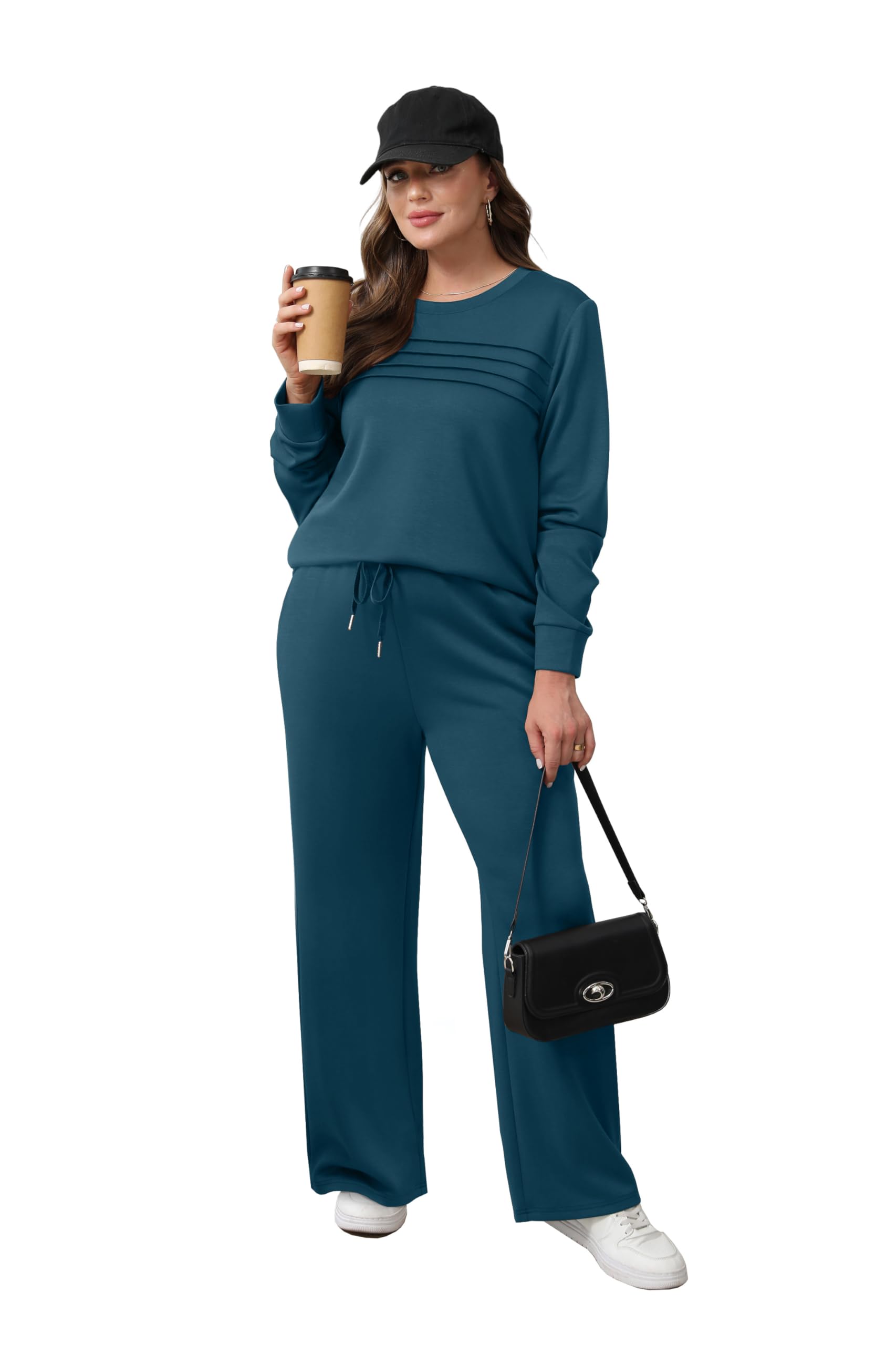 WIHOLL Women's Two Piece Sets Winter Long Sleeve Travel Outfits Trendy Lounge Tracksuit Fall Wide Leg Sweatpants Matching Sweat Set Blue M