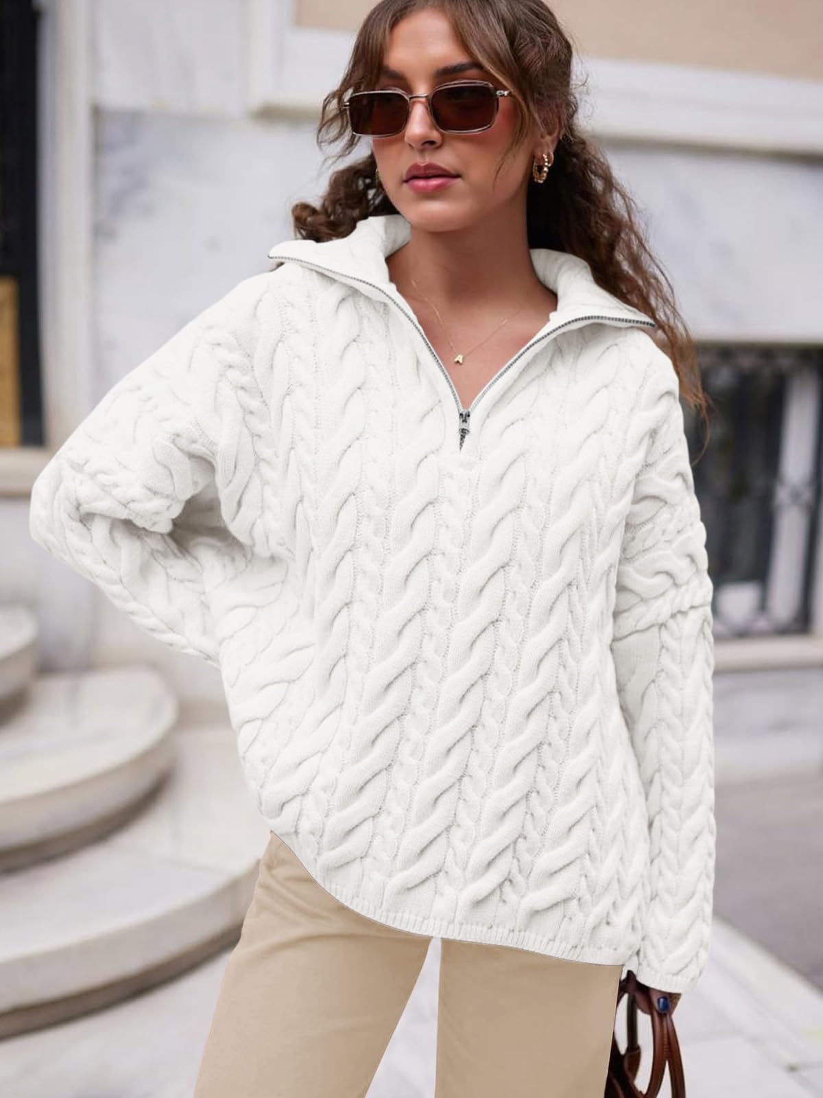 PRETTYGARDEN Womens Spring Sweaters 2026 Long Sleeve Quarter Zip Pullover Sweater Casual Loose V Neck Cable Knit Jumper Tops (White, Large)