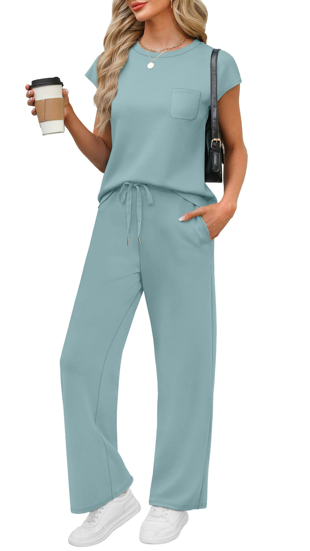 WIHOLL Summer Vacation Outfits for Women 2 Piece Sets Short Sleeve Lounge Set Womens Loungewear Travel Airport Outfits High Waist Wide Leg Pants Comfy Sets for Women Clothing Lake Blue S