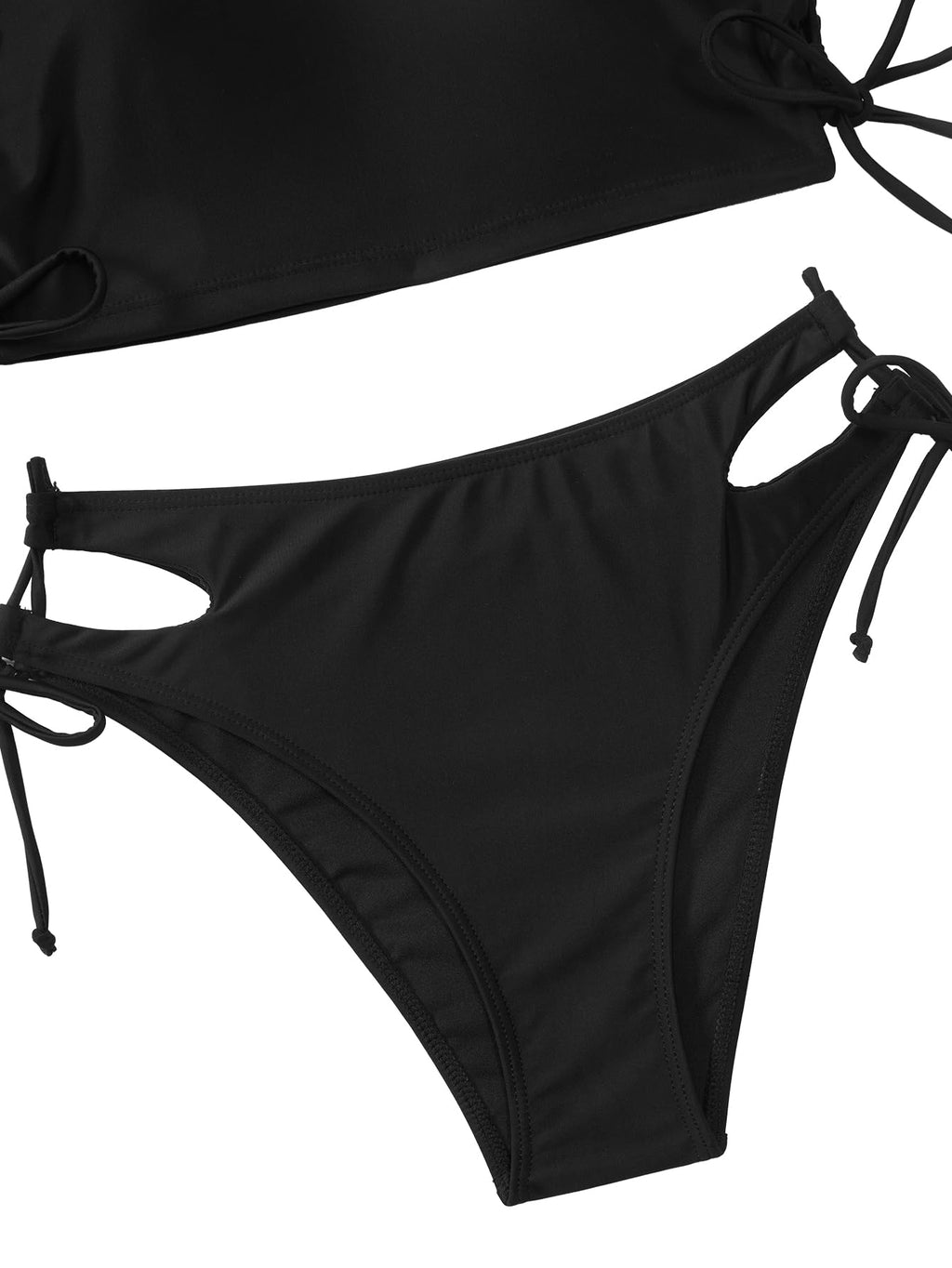 Lilosy Petite Drawstring Bikini Set Srting Swimsuit Short Sleeve Top and Tie Side Bottom 2 Piece Women Bathing Suit Black X-Small