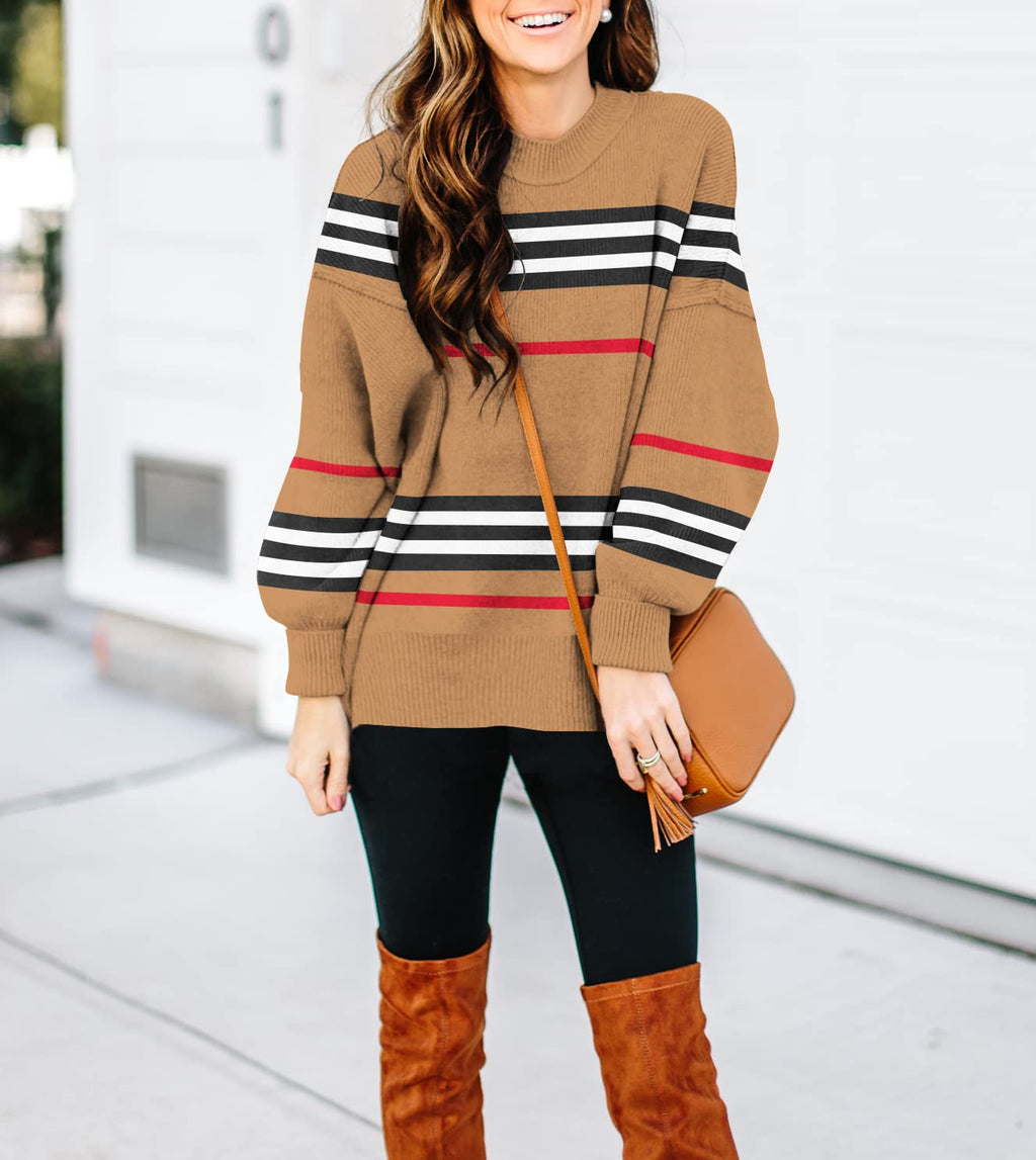 ETCYY Womens Sweaters Fall 2026 Batwing Long Sleeve Side Slit Knit Tops Crew Neck Striped Oversized Sweater Pullover,A Color Brown,Medium