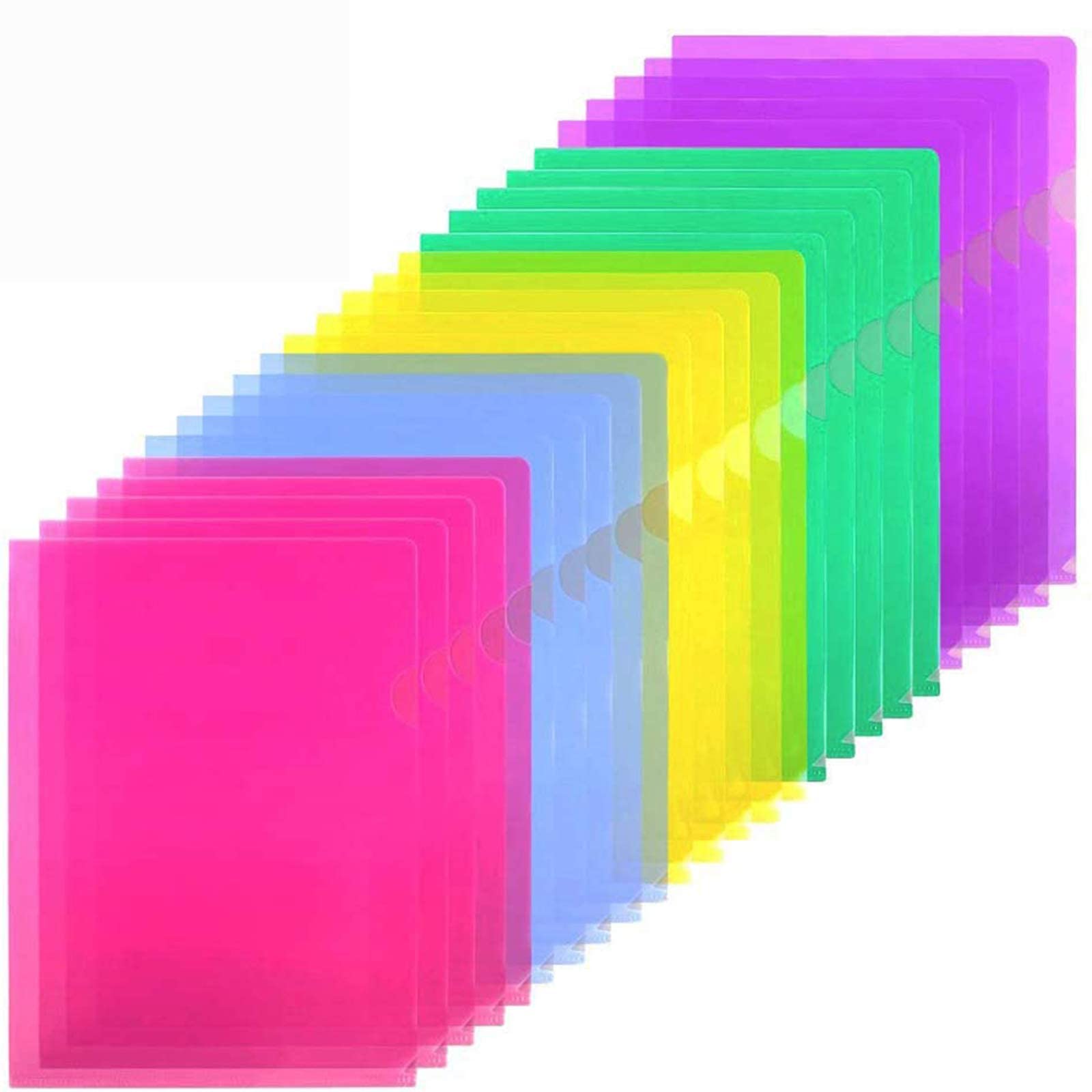 Sooez 25 Pack Clear Document Folder Project Pockets, Clear Plastic Folders Letter Size Plastic Document Folders Paper Poly Jacket Sleeves Folders Copy, 5 Assorted Colors