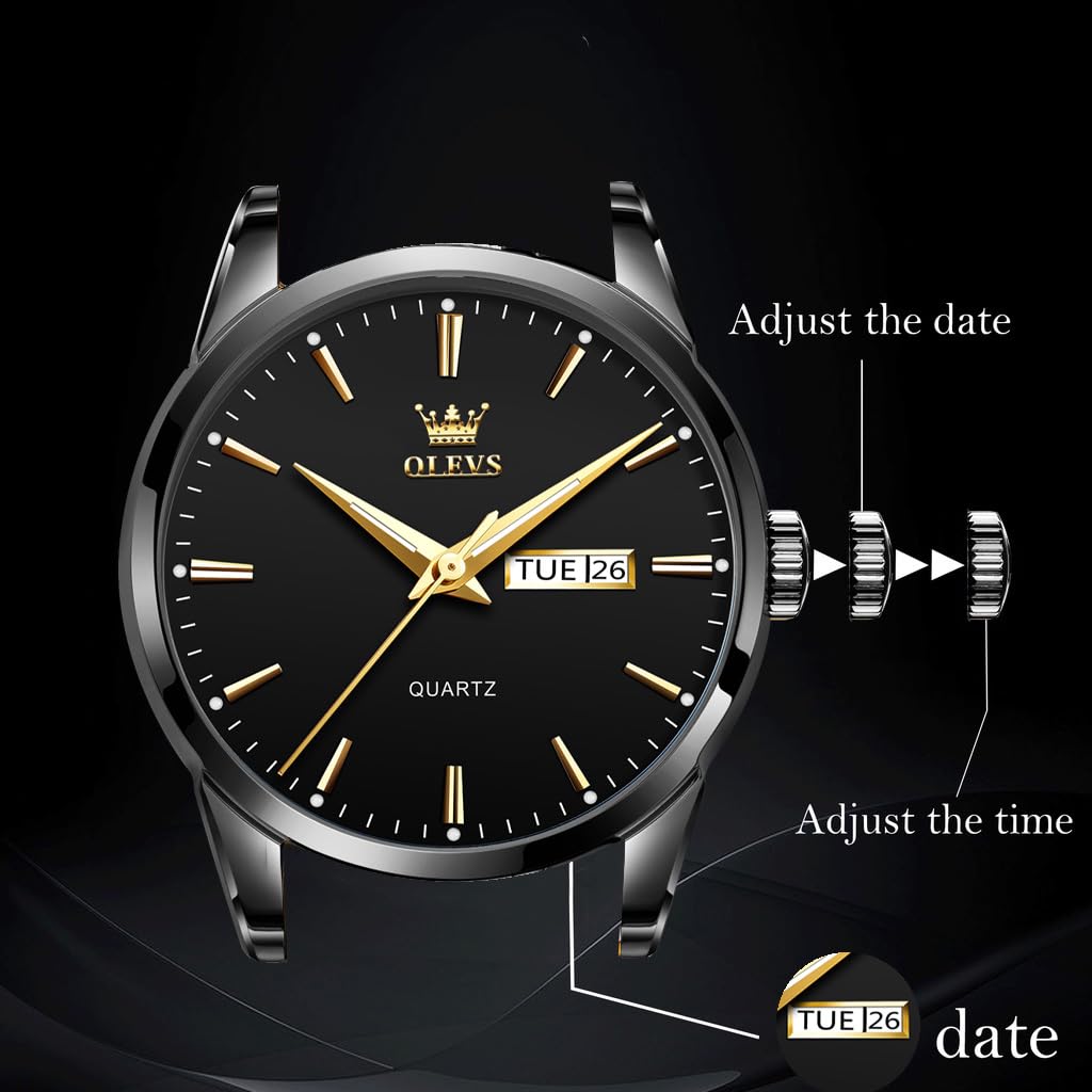 OLEVS Watch Men Black Analog Stainless Steel Watches for Mens Luxury Original Dress Business Waterproof Luminous Big Face Dressy Classic Quartz Watch