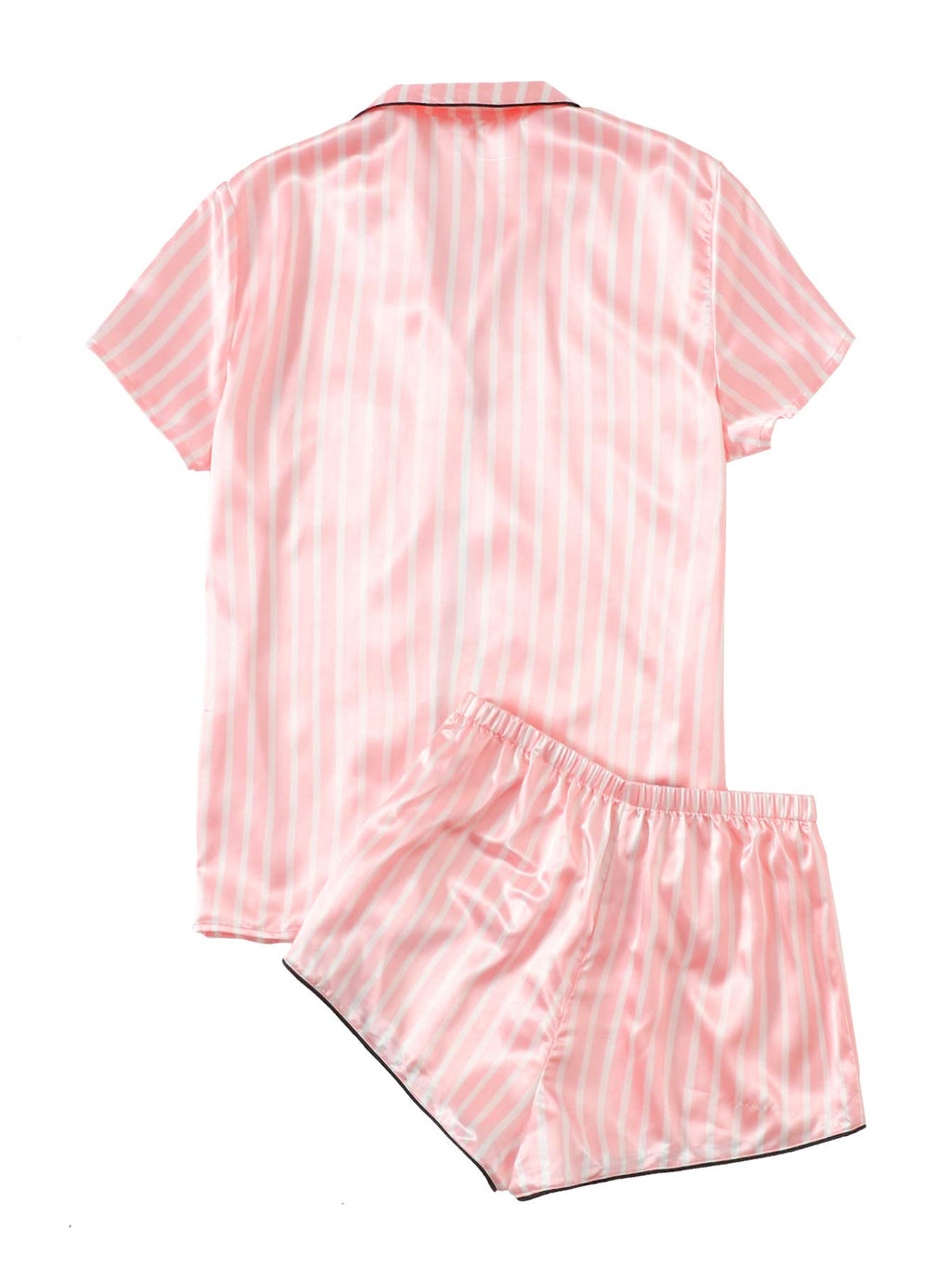 WDIRARA Women's Sleepwear Satin Short Sleeve Shirt and Shorts Pajama Set Striped Pink M
