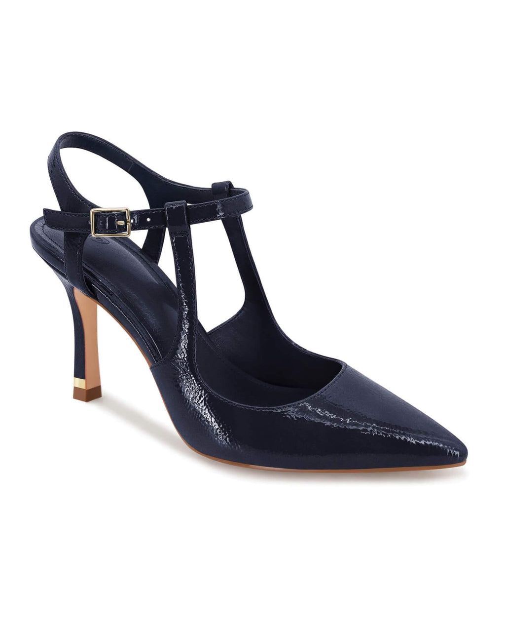 Coutgo Womens High Heels Pointed Toe Ankle Strap Pumps Patent Leather Sexy Stiletto Office Wedding Dress Shoes, Navy, Size 9.5