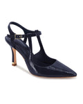 Coutgo Womens High Heels Pointed Toe Ankle Strap Pumps Patent Leather Sexy Stiletto Office Wedding Dress Shoes, Navy, Size 9.5