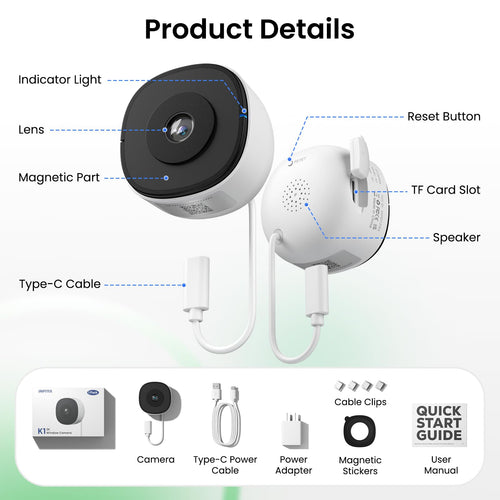 2K No Drill Window Camera-2 Pack 2.4Ghz & 5Ghz WiFi Cameras for Home Security for Indoor & Outdoor Monitoring, Anti-Glare Color Night Vision, Human Detection, 24/7 Recording, Ideal for Apartment, K1
