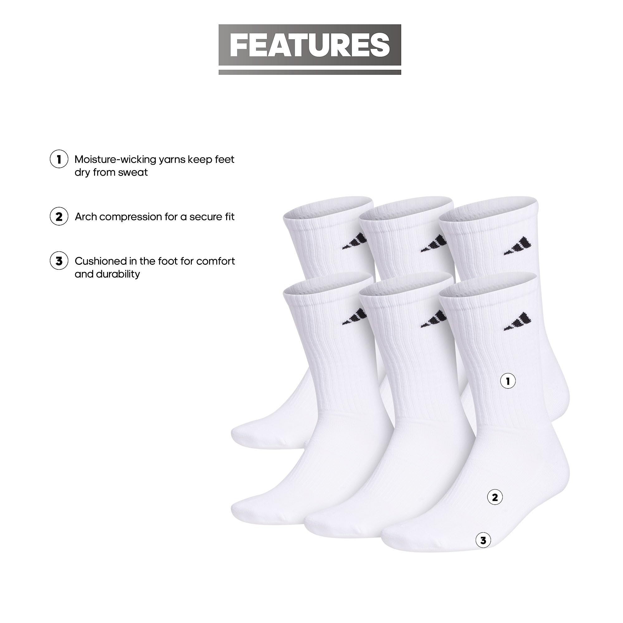 adidas Men's Athletic Cushioned 6-Pack Crew, Cushioned Crew Socks with Arch Compression for a Secure Fit
