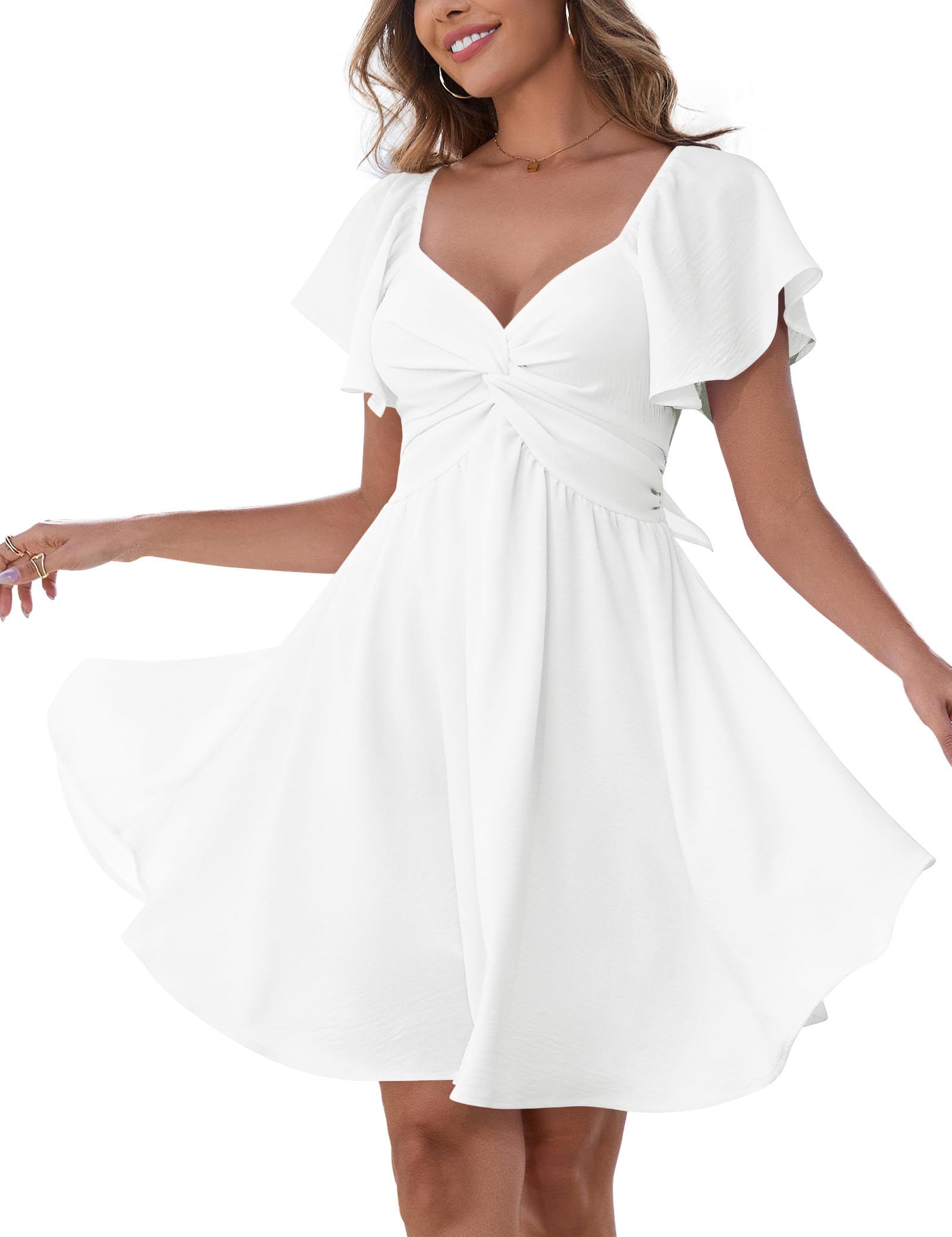 Florboom Women's Summer Sweetheart Knot Front Sexy Dress - Cute Flutter Sleeve Tie Back Mini Dress for Graduation, Wedding Guest, Bridal Shower & Vacation - Double Lined A-Line Sundress (White, S)