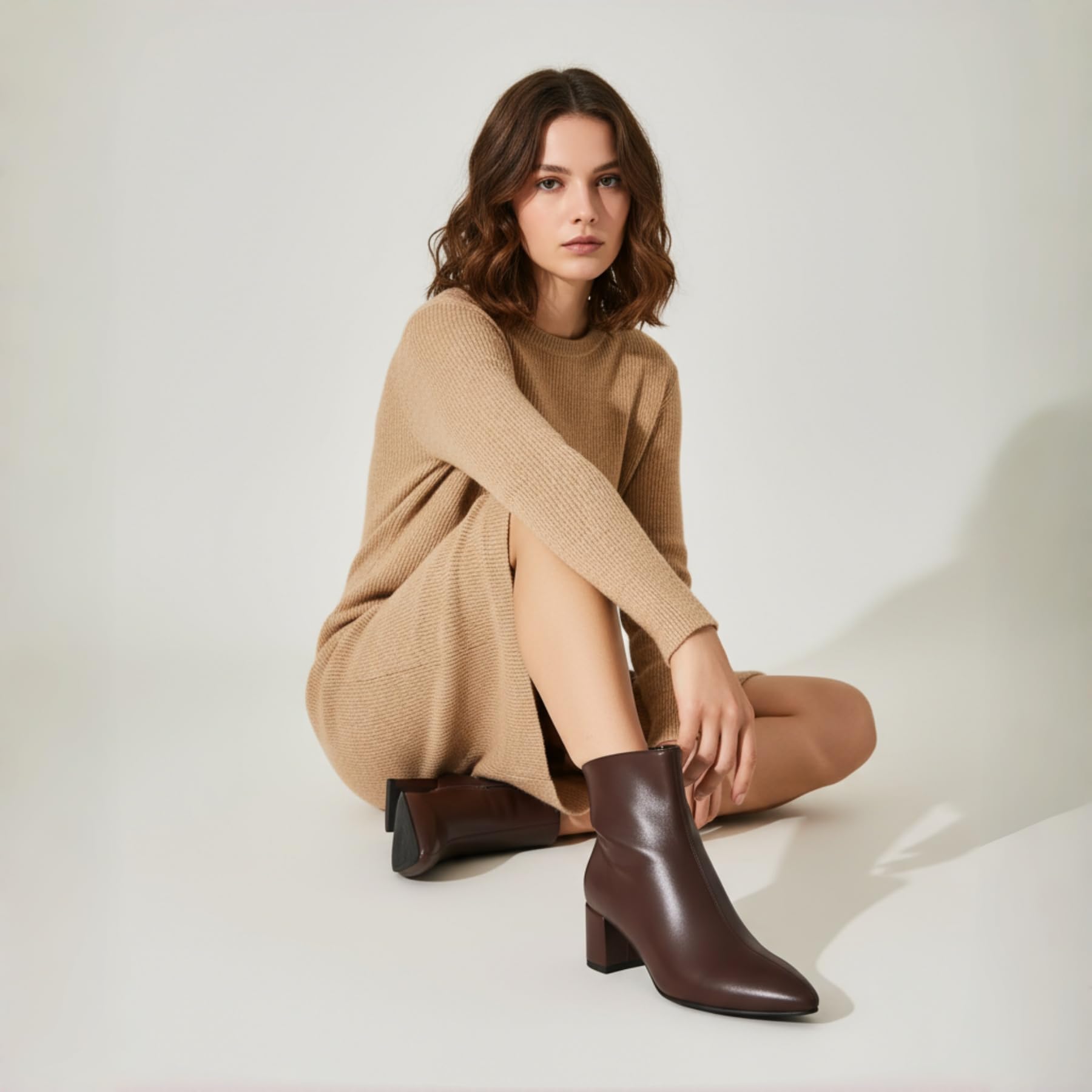 Abbleet Women's Ankle Boots Pointed Toe Chunky Block Heel Short Boots for Women Low Heeled Booties（Brown,7）