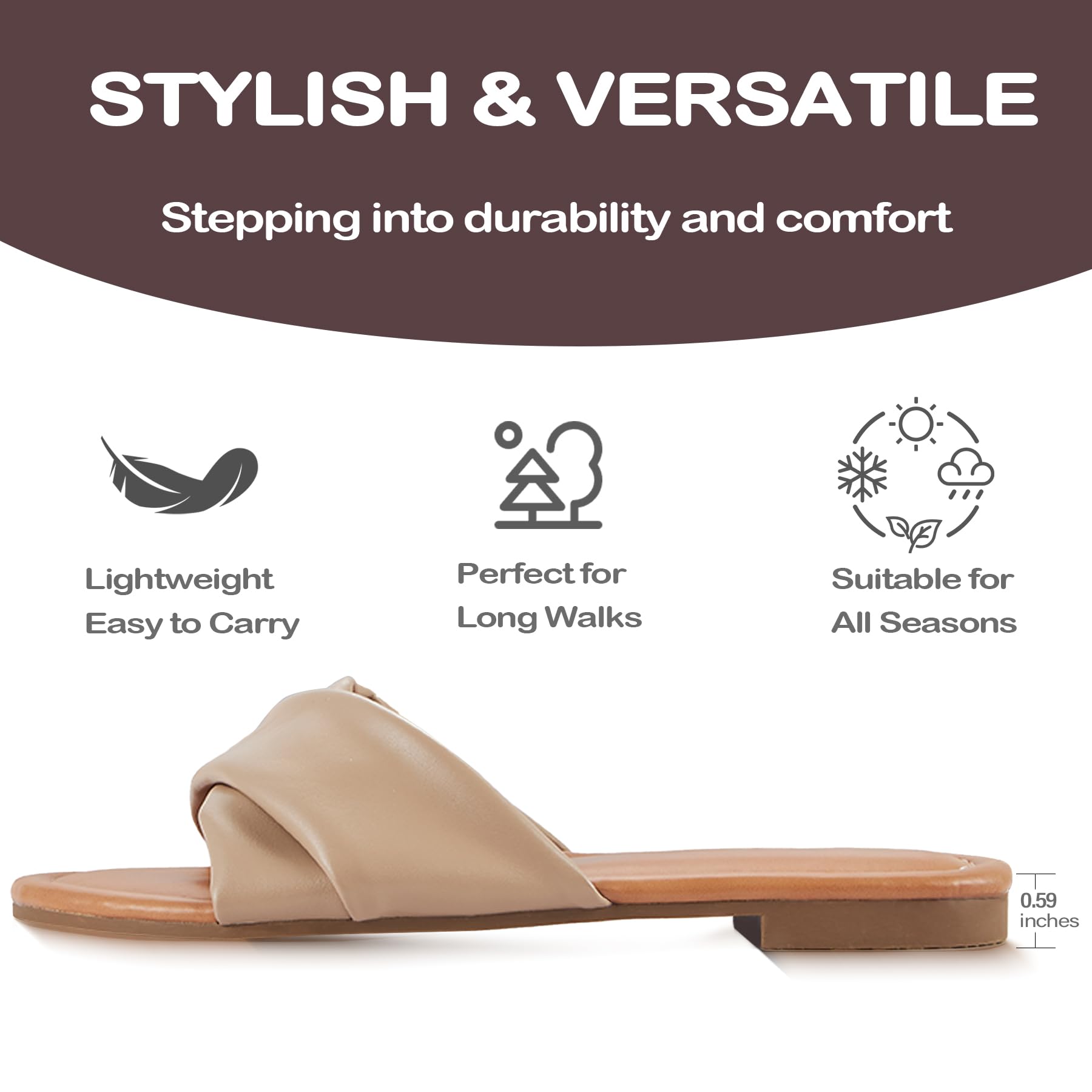 YTSKJ Women's Flat Sandals Round Open Toe Comfortable Fashion Cute Ladies Slides Sandals Women Dressy Summer Flat Leather Casual Fashion Beach Shoes Camel Size 9