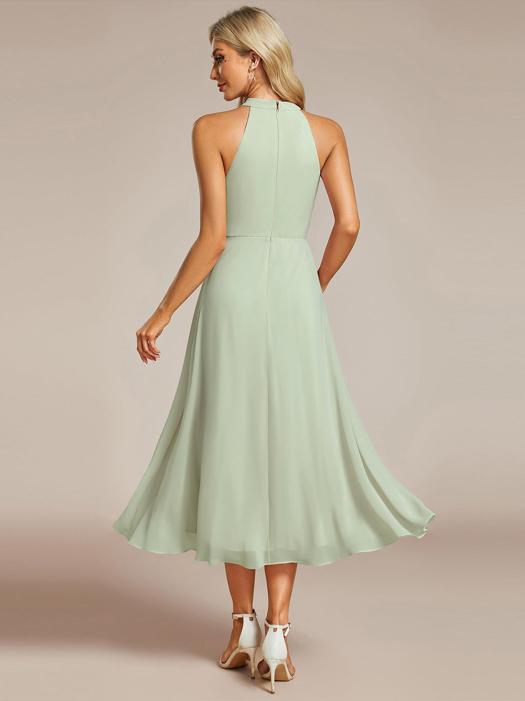 Ever-Pretty Women's Sexy Halter Neck Pleated Sleeveless Hi-Lo Chiffon Summer Wedding Guest Dress Cocktail Dresses Mint Green US16