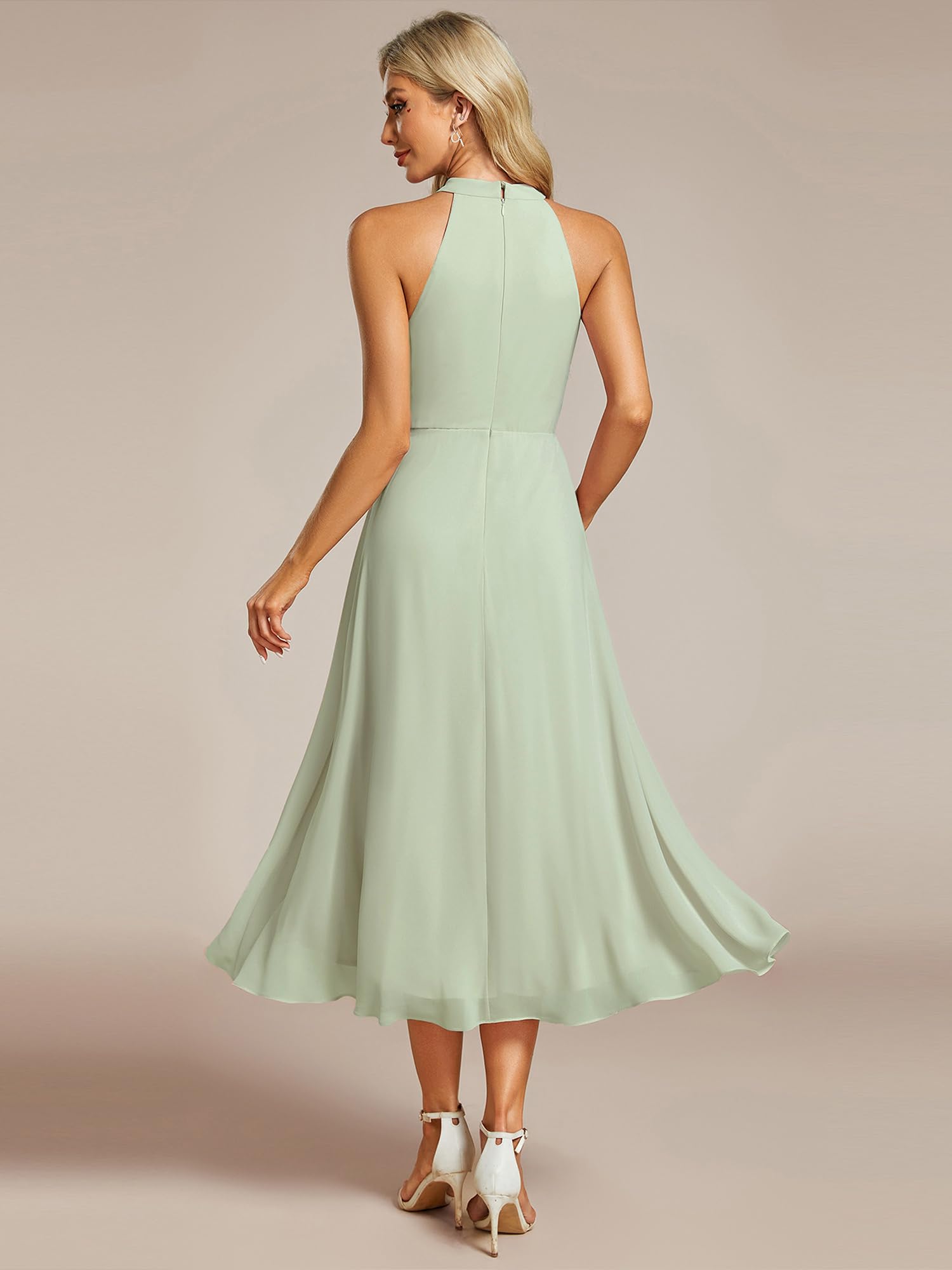 Ever-Pretty Women's Sexy Halter Neck Pleated Sleeveless Hi-Lo Chiffon Summer Wedding Guest Dress Cocktail Dresses Mint Green US16