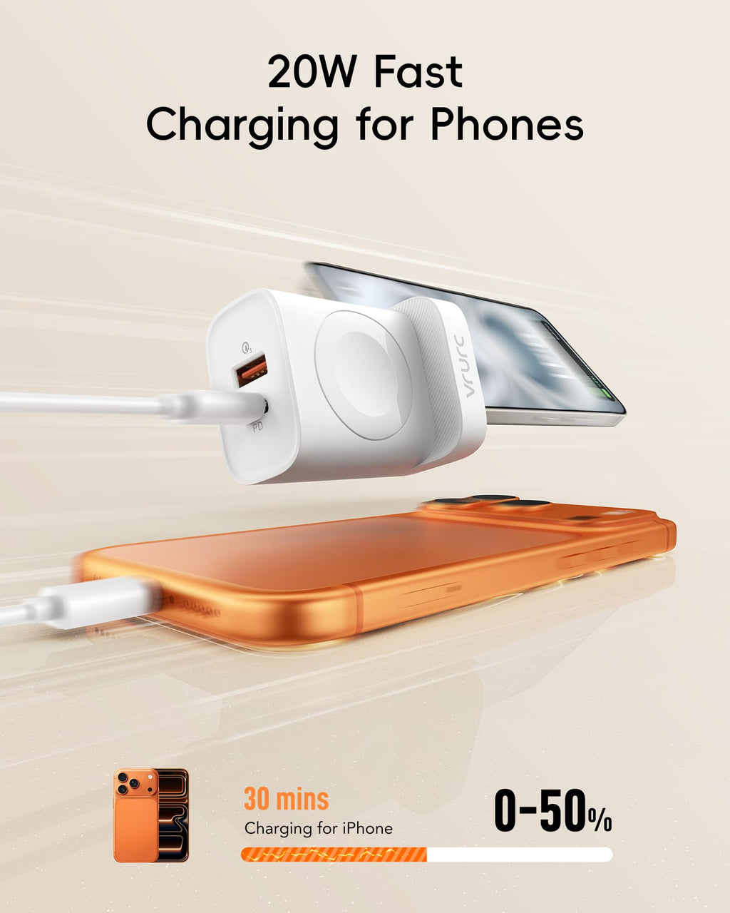 VRURC Fast Charger for Apple Watch, Built-in Wireless Magnetic Charging Station for iWatch SE/11/10/9/8/7/6/5/4, PD 20W USB C Charging Block, Foldable Wall Charger for iPhone 17/16/15/14/13-White