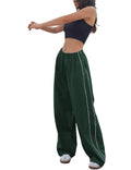 Springrain Womens Wide Leg Track Pants Slouchy Stripe Detail Jogger Sweatpants with Pockets(ArmyGreen-XS)