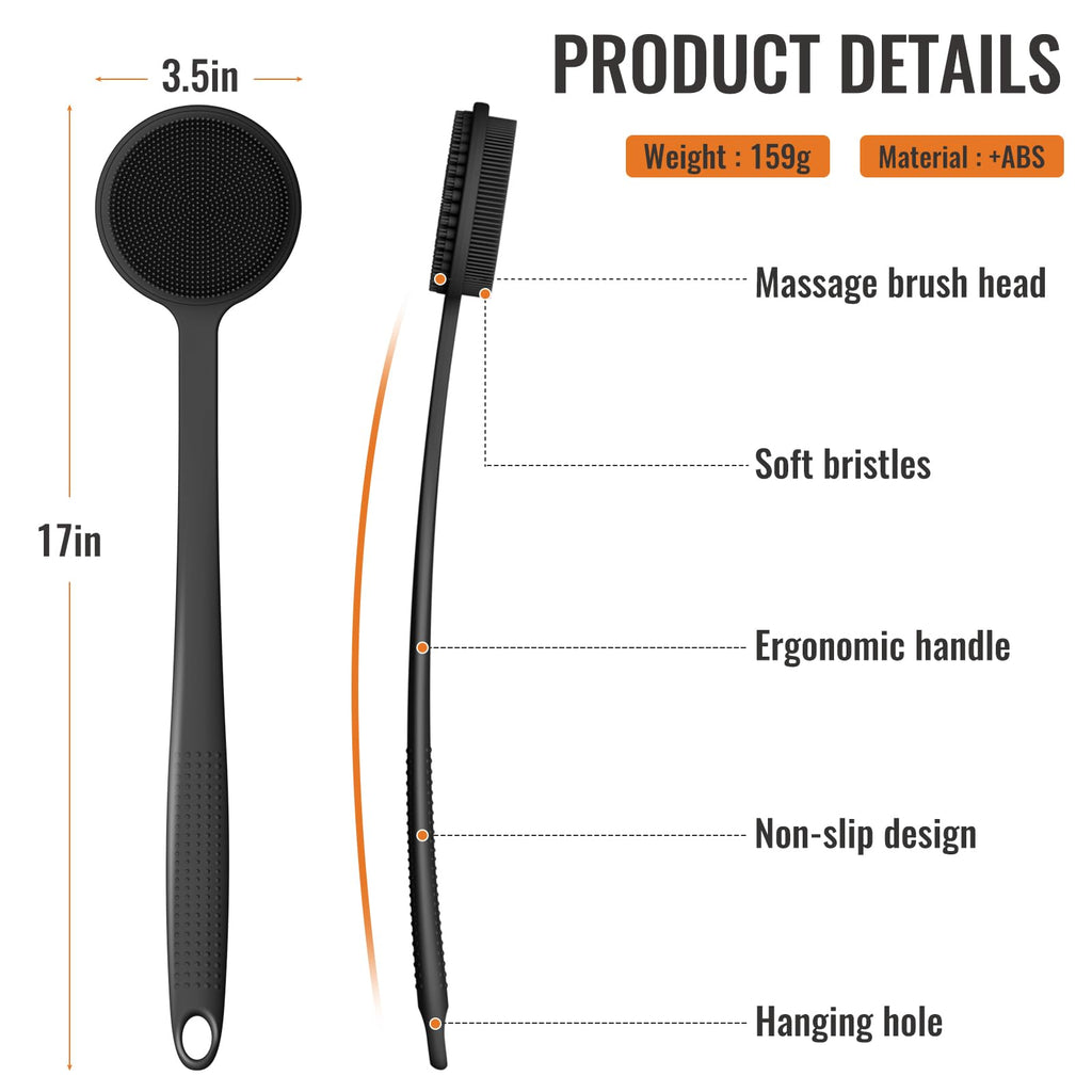 Silicone Back Scrubber for Shower, 17in Lengthen Long Handle Body Brush, Double Sided Shower Brush for Shower Exfoliating and Massage Can Produce Rich Foam, Long Handle Back Scrubber for Men