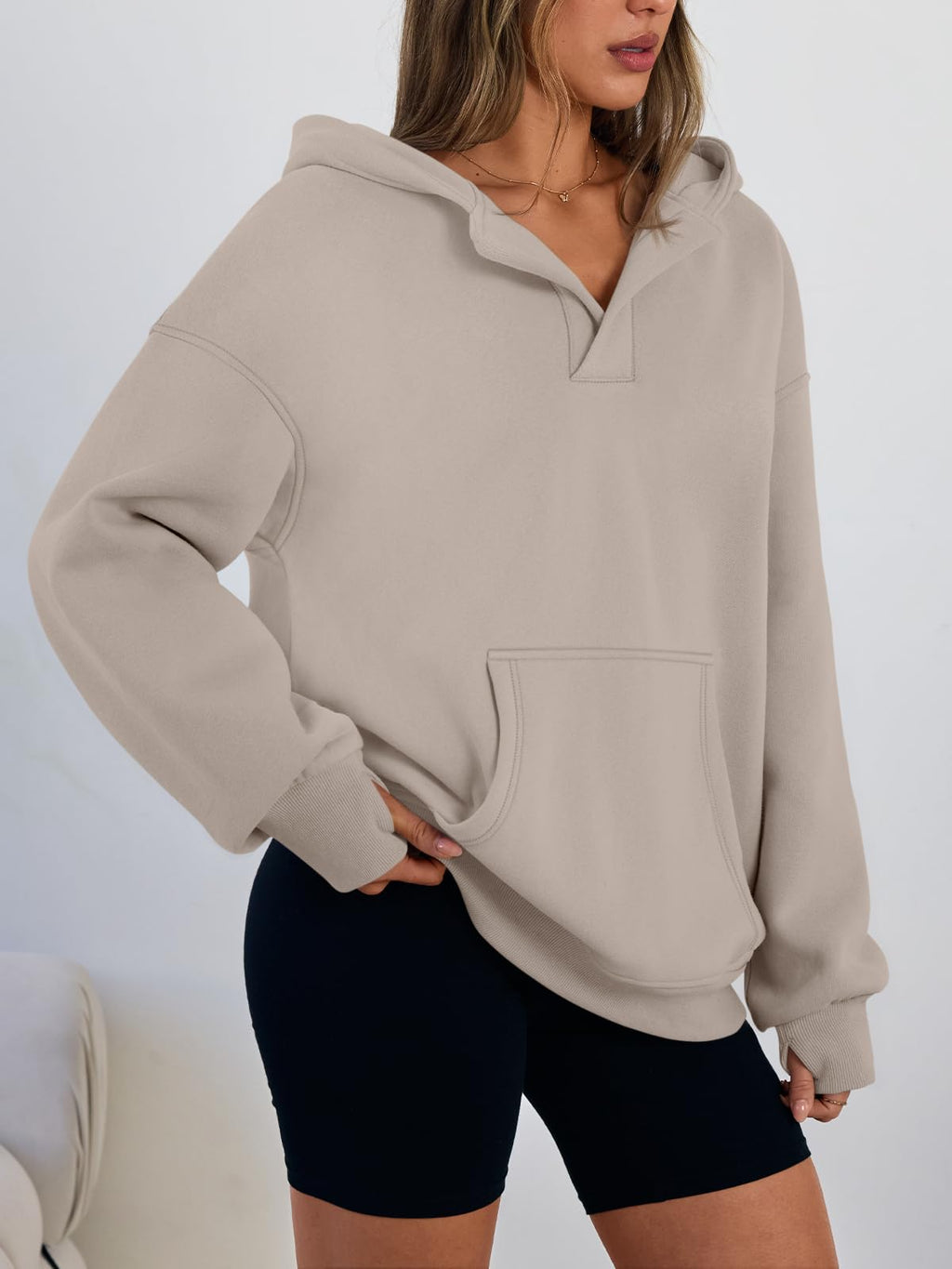 Trendy Queen Womens Oversized V Neck Hoodies with Thumb Hole Pullover Sweatshirts Y2k Clothes Fall Fashion Outfits 2026 CoffeeGrey S