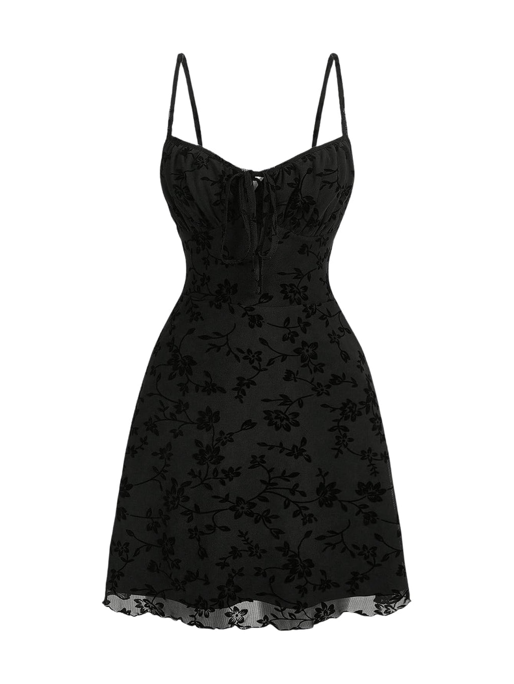 Verdusa Women's Gothic Floral Print Short Cami Dress Tie Front Lettuce Trim Mesh Sleeveless A Line Dresses Black Large