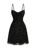Verdusa Women's Gothic Floral Print Short Cami Dress Tie Front Lettuce Trim Mesh Sleeveless A Line Dresses Black Large
