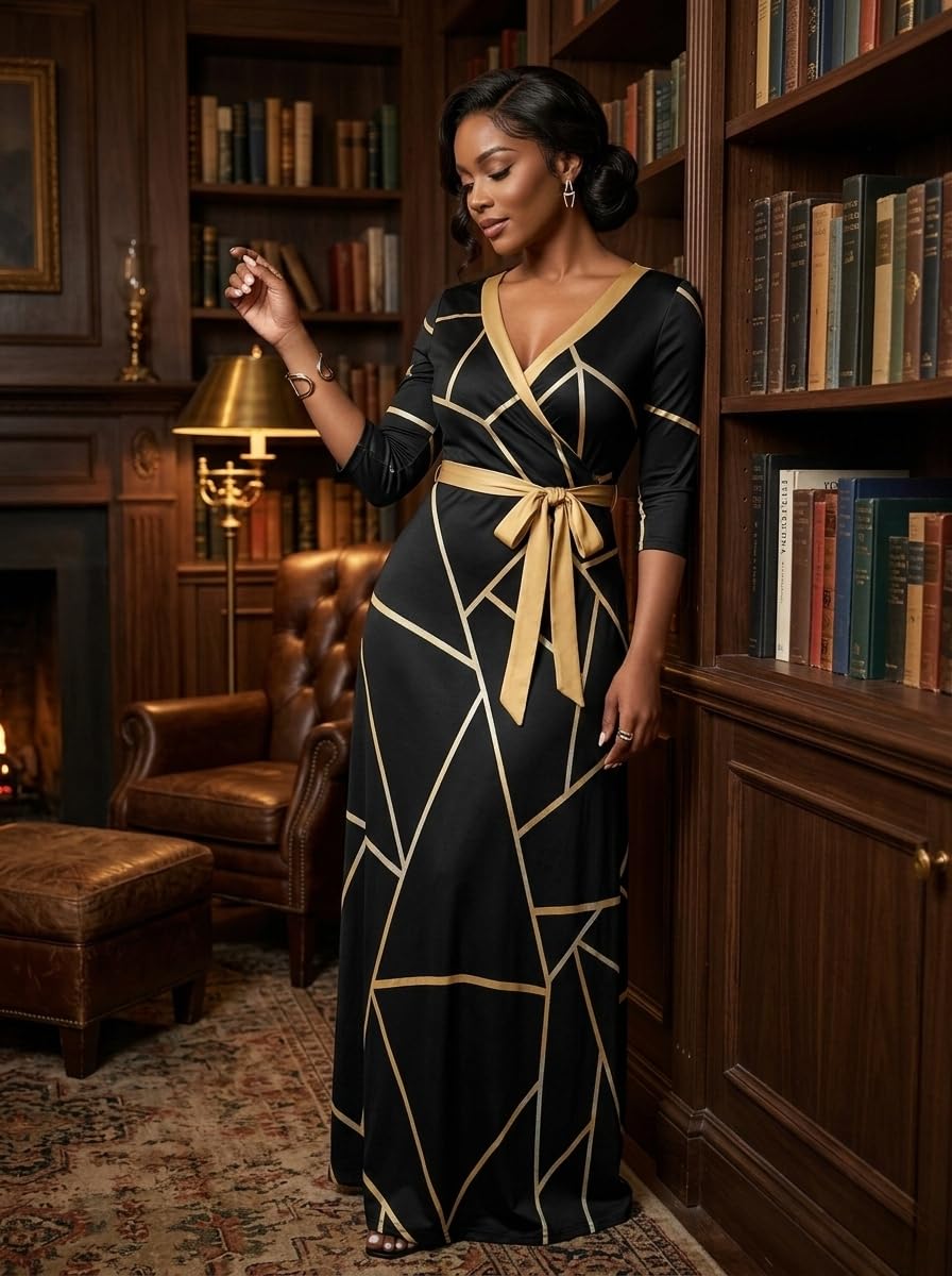 PinkPatty Plus Size Maxi Dress for Women 3/4 Sleeve V Neck Long Dress Casual Party Sundress with Belt (A-Gold-Striped Patchwork/Black 2XL)