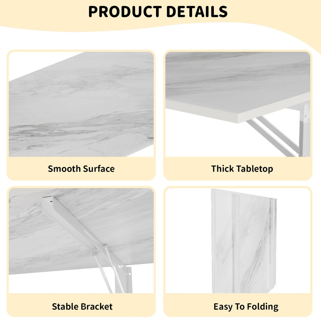 GOYLSER Wall Mounted Table Fold Down Workbench Length 25" Width 15.7", White Marble Laundry Floating Desk for The Garage/Shed/Office/Bar/Home Kitchen & Dining Room