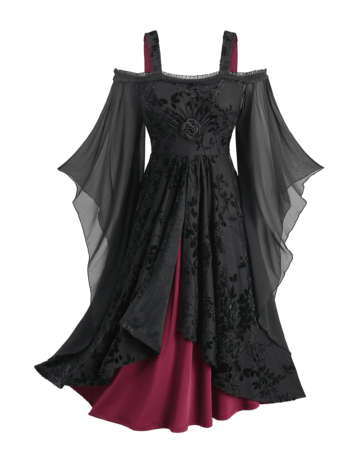 Rosegal Plus Size Medieval Vintage Costume Gothic Midi Dress Rose Flocking Glitter Floral Cold Shoulder Chiffon Flare Sleeve Goth Grunge Dresses(Black/4X)