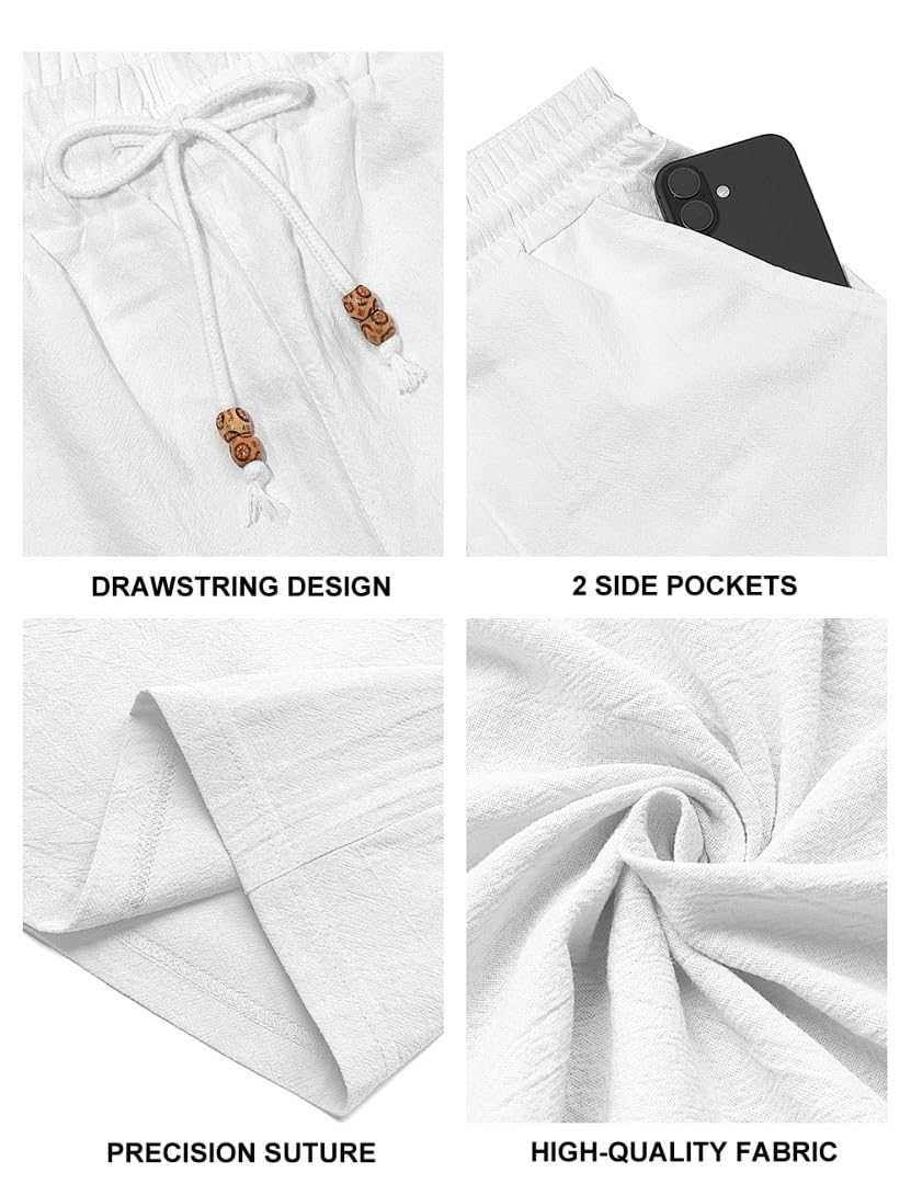 LINENNMAIN Men's Cotton Linen Shorts Casual Elastic Waist Drawstring Summer Beach Vacation Shorts with Pockets White