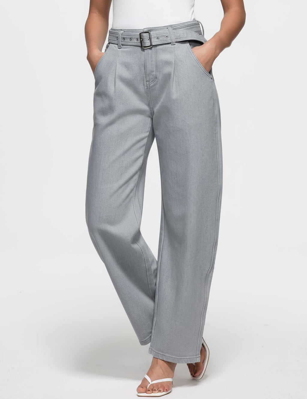 ZPIUO Barrel Jeans for Women - High Waisted Baggy Wide Leg Stretchy Denim Pants with Detachable Belt - Grey Size 8