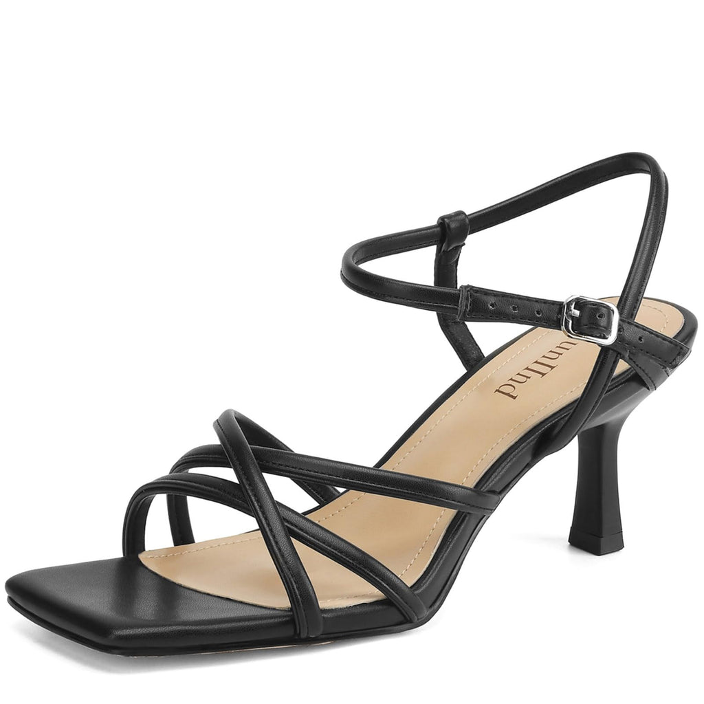 Women's Sandals Square Open Toe Kitten Heels Strappy Ankle Strap Heeled Sandals for Women Comfy Weddings Shoes Black 6