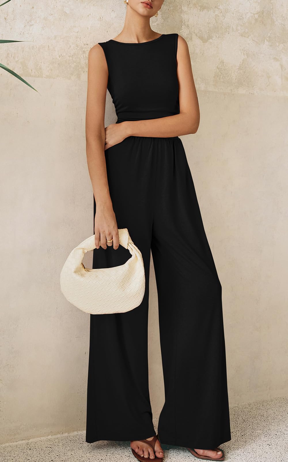PRETTYGARDEN One Piece Jumpsuits for Women Dressy Casual Sleeveless Crewneck Wide Leg Rompers Jumpers 2026 Vacation Summer Outfits(Black, M)