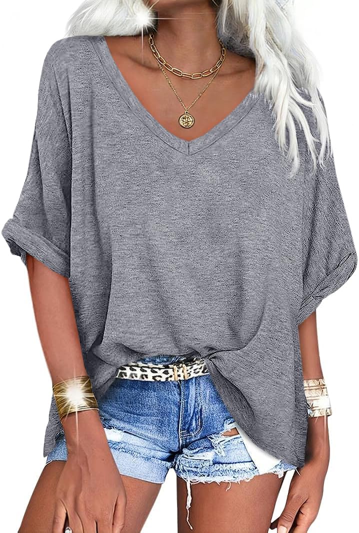 UNCLECAT Women's V Neck Oversized T Shirts Summer Short Sleeve Shirts Loose Casual Tops Tee