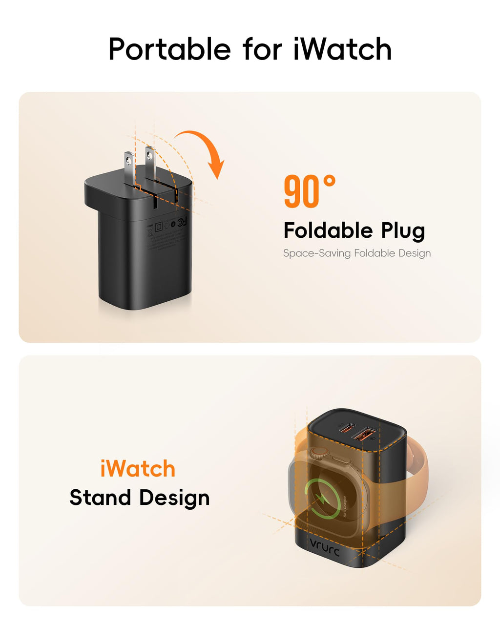 VRURC Fast Charger for iPhone, PD 20W USB C Wall Charger Dual Ports, 3-in-1 Foldable Charging Block Built in Magnetic Watch Charger Station for Apple Watch Ultra/10/9/8/7/6/5/4-Black