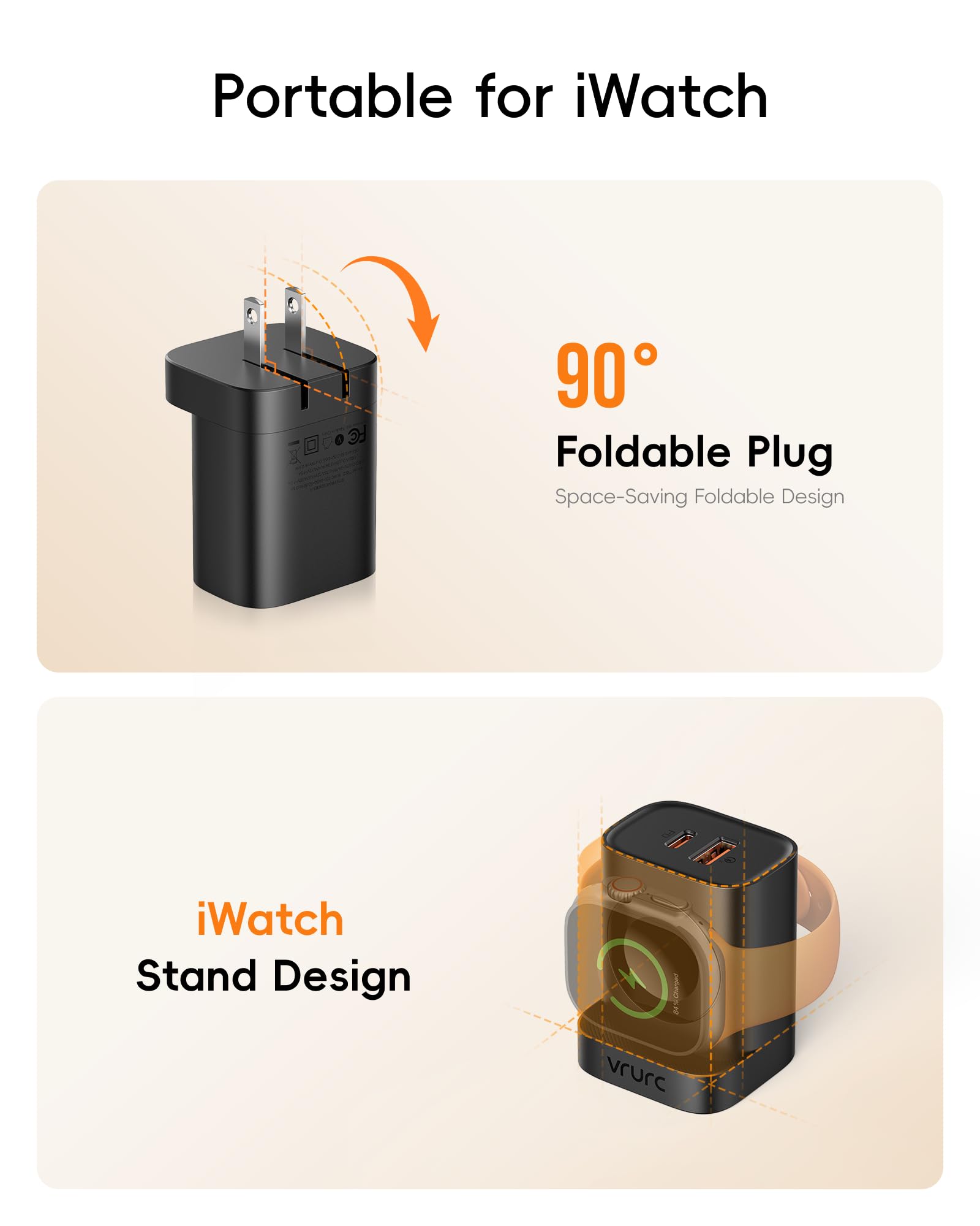 VRURC Fast Charger for iPhone, PD 20W USB C Wall Charger Dual Ports, 3-in-1 Foldable Charging Block Built in Magnetic Watch Charger Station for Apple Watch Ultra/10/9/8/7/6/5/4-Black