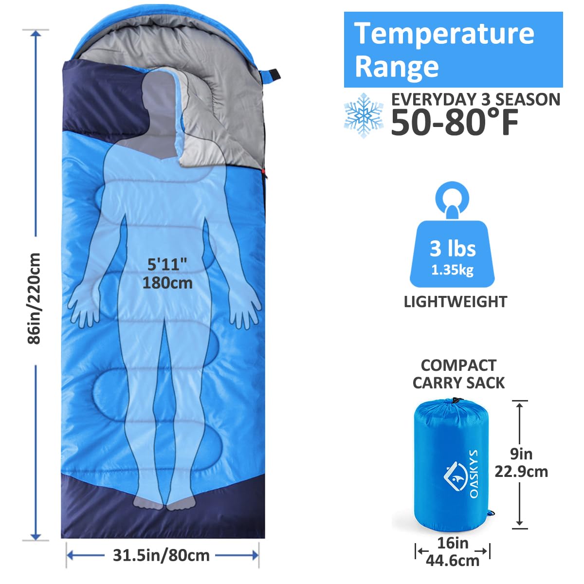 oaskys Camping Sleeping Bag - 3 Season Warm & Cool Weather - Summer Spring Fall Lightweight Waterproof for Adults Kids - Camping Essentials Gear Accessories Hiking Sleep Must Haves
