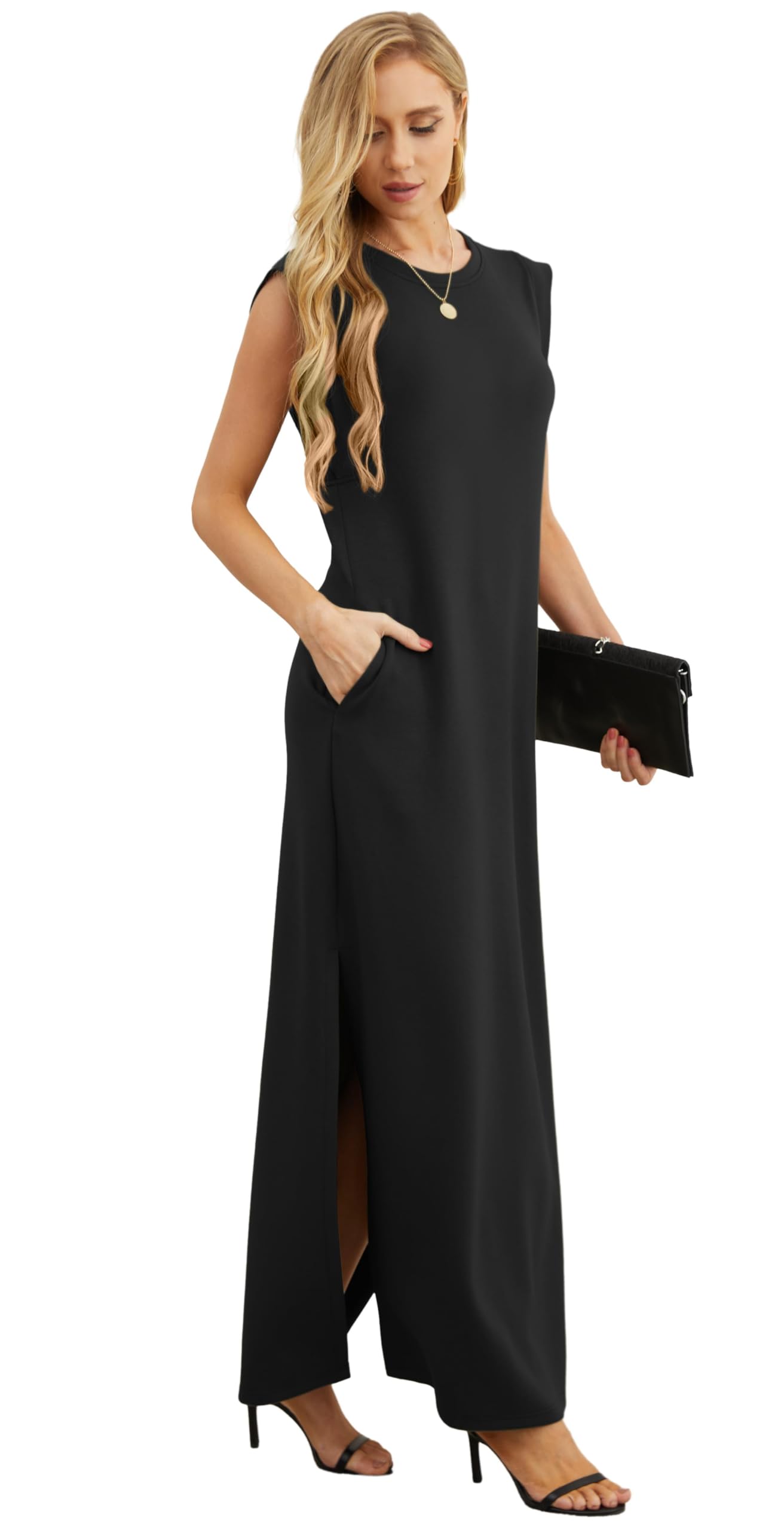 GRECERELLE Women's Summer Casual Loose Split Long Maxi Sun Dress with Pockets (Medium, Black)
