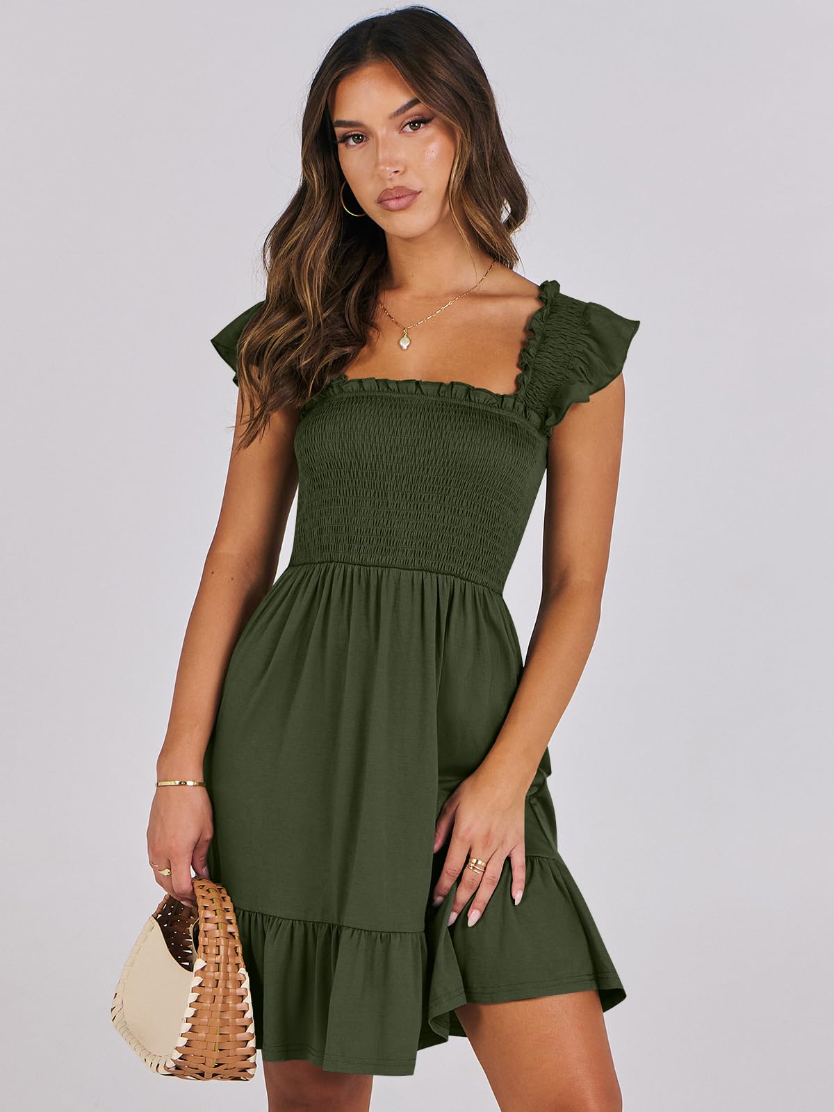 ANRABESS Women's Summer Casual Sleeveless Square Neck Dress 2026 Smocked Ruffle Backless Boho Beach Cute Teen Short Sundress Green Small