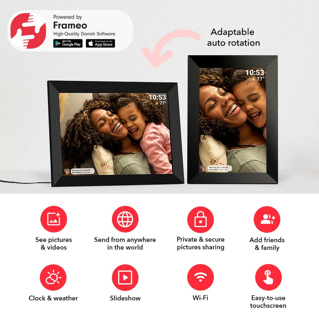 FRAMEO 10.1 inch 32GB Digital Picture Frame, IPS LCD Touch Screen, Auto-Rotate Easy Setup to Share Photos & Videos via Frameo from Anywhere, Gifts for Parents and Grandparents
